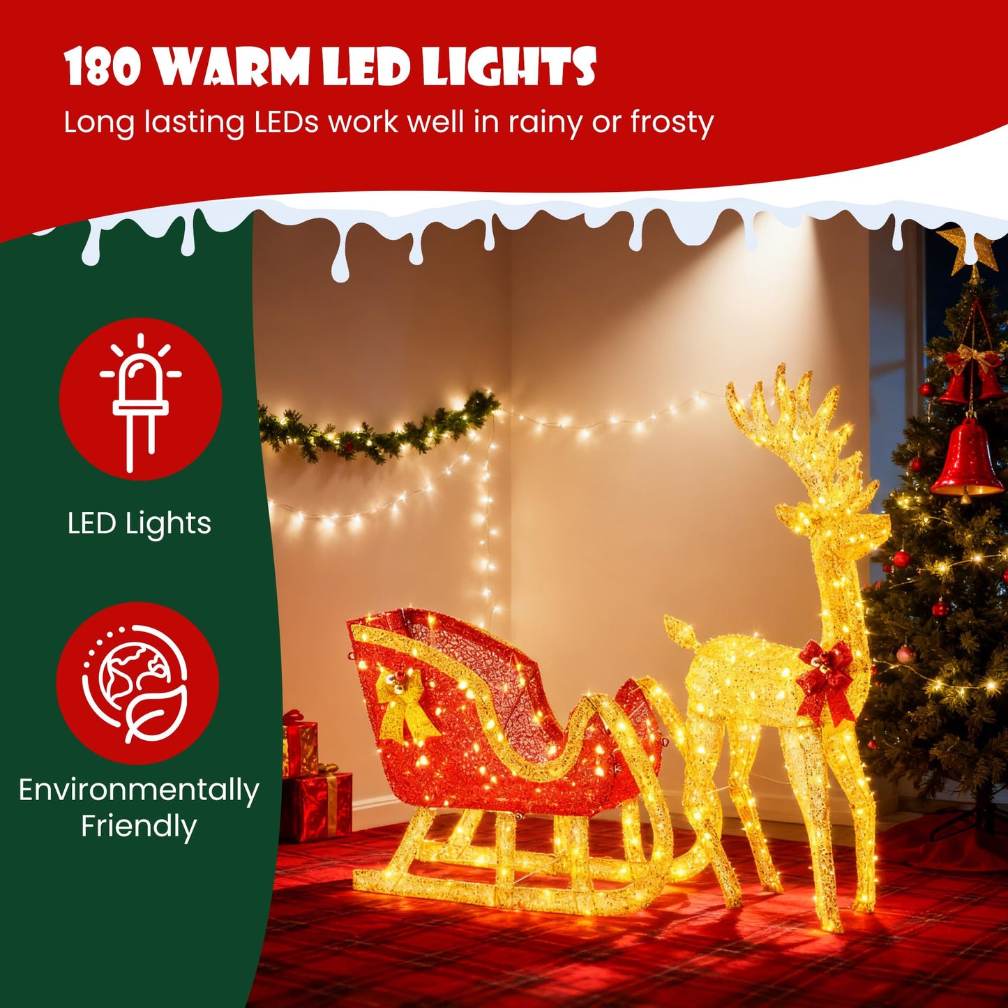 Sweetcrispy 4 FT Lighted Christmas Reindeer & Santa Sleigh Set, Family Outdoor Indoor Xmas Pre-Lit Yard Decoration w/ 180 LED Lights, Holiday Deer & Sled for Garden Lawn Patio Display, Gold-Red