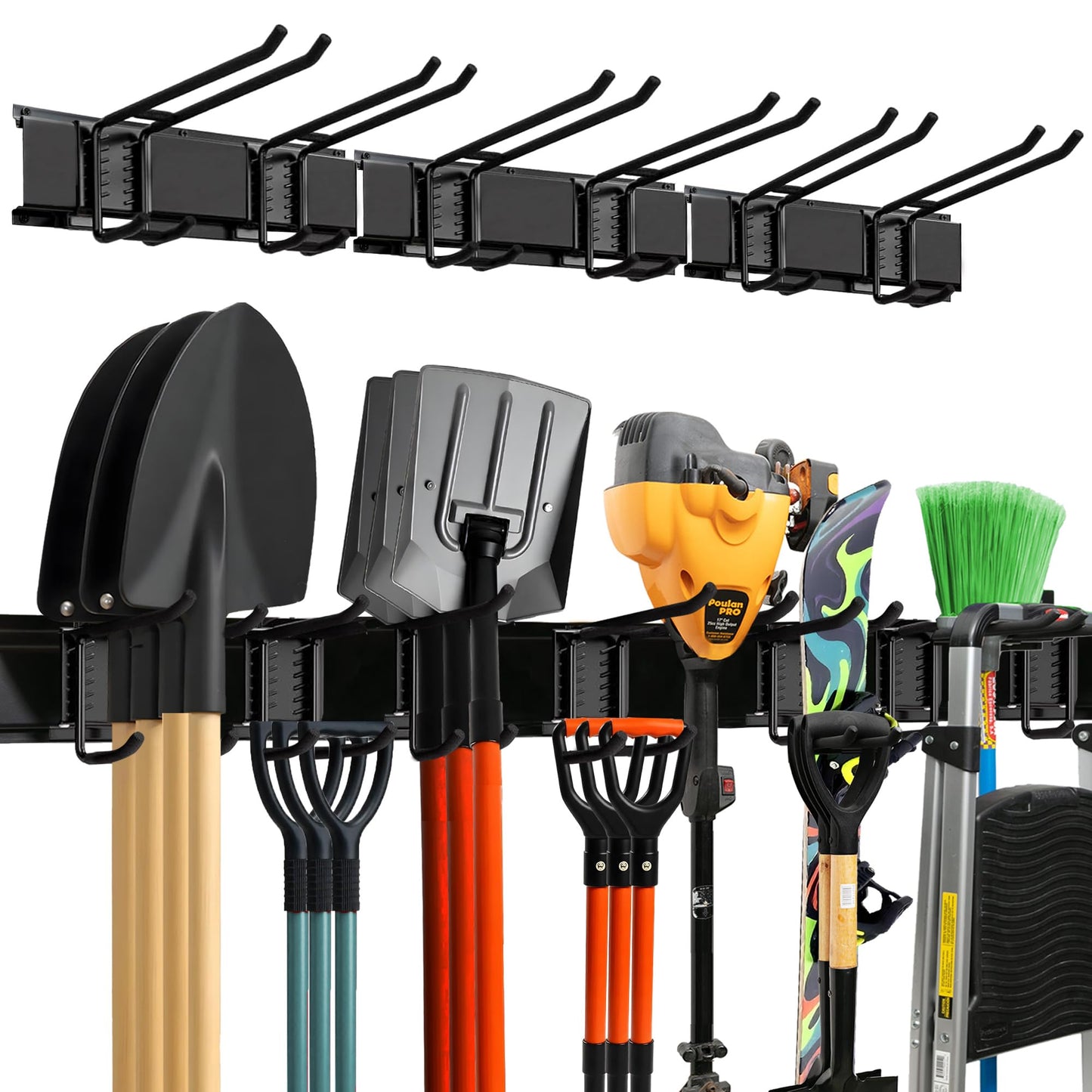 TIDYME Garage Wall Organizer | 48" Heavy-Duty Tool Storage Rack | Adjustable Double-Layer Hooks | 300 lbs Capacity | Carbon Steel Wall Mount Holder for Shovels, Rakes, Ladders & Power Tools