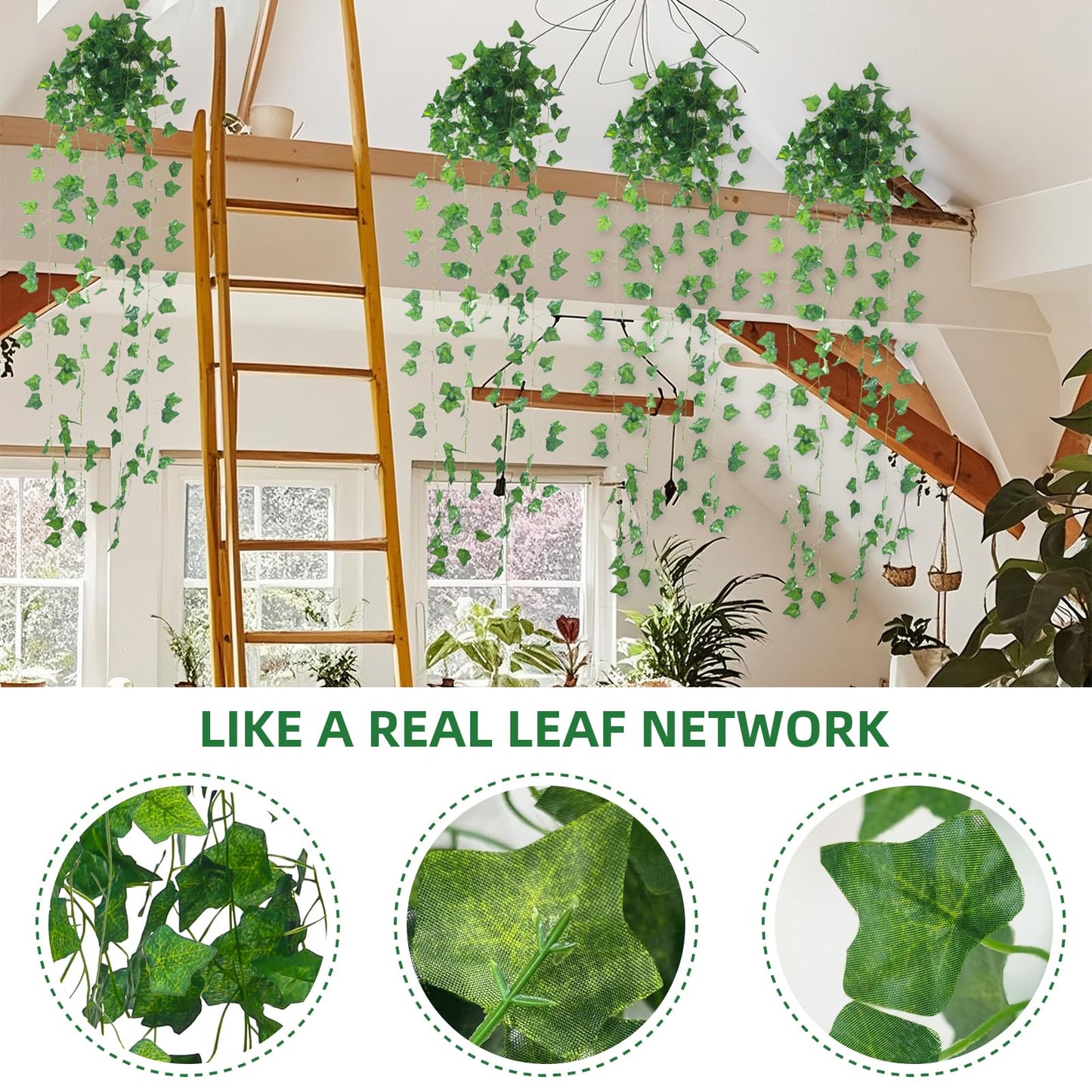 36 Pack Artificial Ivy Garland, 252 Ft Fake Vines Hanging Plants for Room Decor, 72 Leaves Aesthetic Faux Greenery Garland Pothos Leaf with Strengthened Joint Prevent Leaves Falling Off for Wall Decor