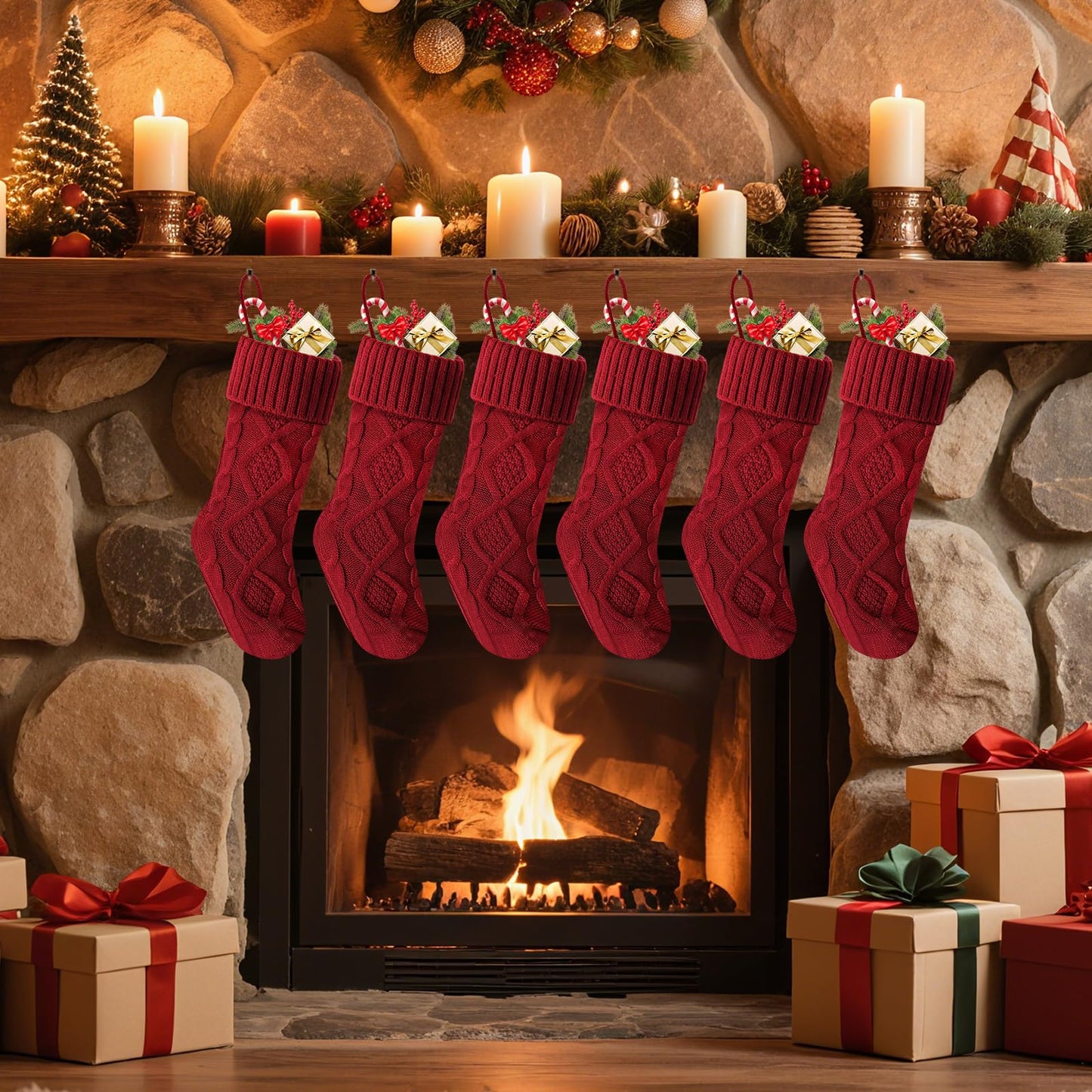 Doitory Christmas Stockings 18 Inches,Long Knitted Socks Christmas Decoration Hanging Stocking Fireplace Xmas Tree Stocking for Home Family（6P-red）