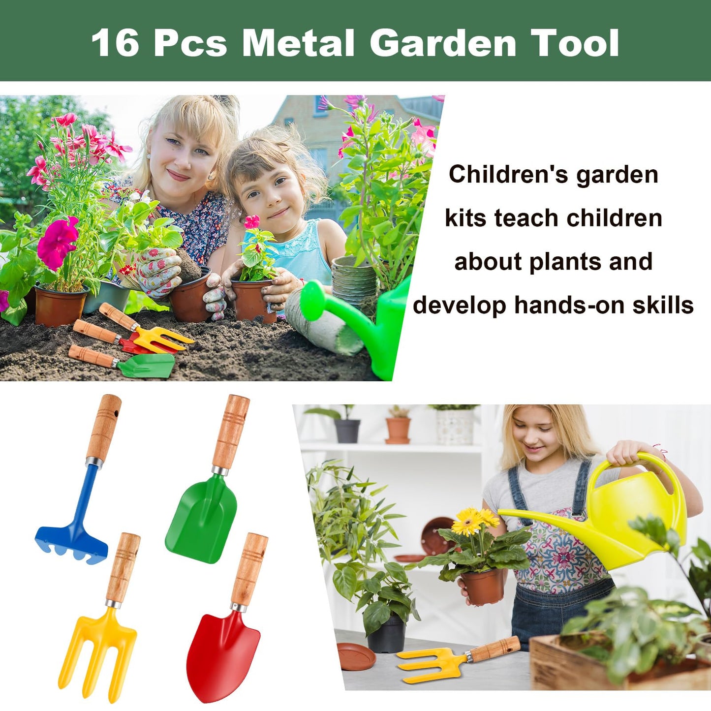 16 Pcs Gardening Tools Metal Garden Beach Sandbox Digging Including Shovel, Rake, Fork and Trowel, Garden Beach Sand Tools with Wooden Handle Hoe for Gift Outdoor Gardening