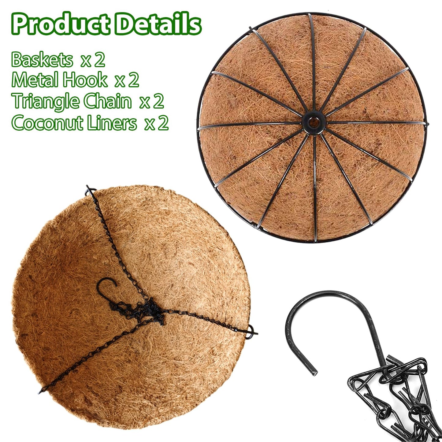LCHUANG Hanging Baskets Planter for Plants - 2 Pack 10 Inch Metal Baskets with Coco Coir Liner, Hanging Flower Pots for Outside with Chain, Indoor Outdoor Garden Porch Decoration (10'' Pack of 2)