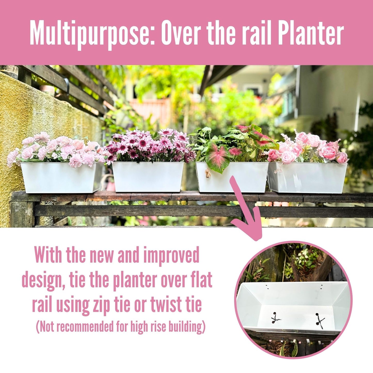LaLaGreen Outdoor Rail Planter (6 Pack, 16 Inch) Large White Metal Strawberry Wall Hanging Planters, Balcony Deck Railing Fence Succulent Herb Rectangular Plant Holder Outside Patio Porch Decoration