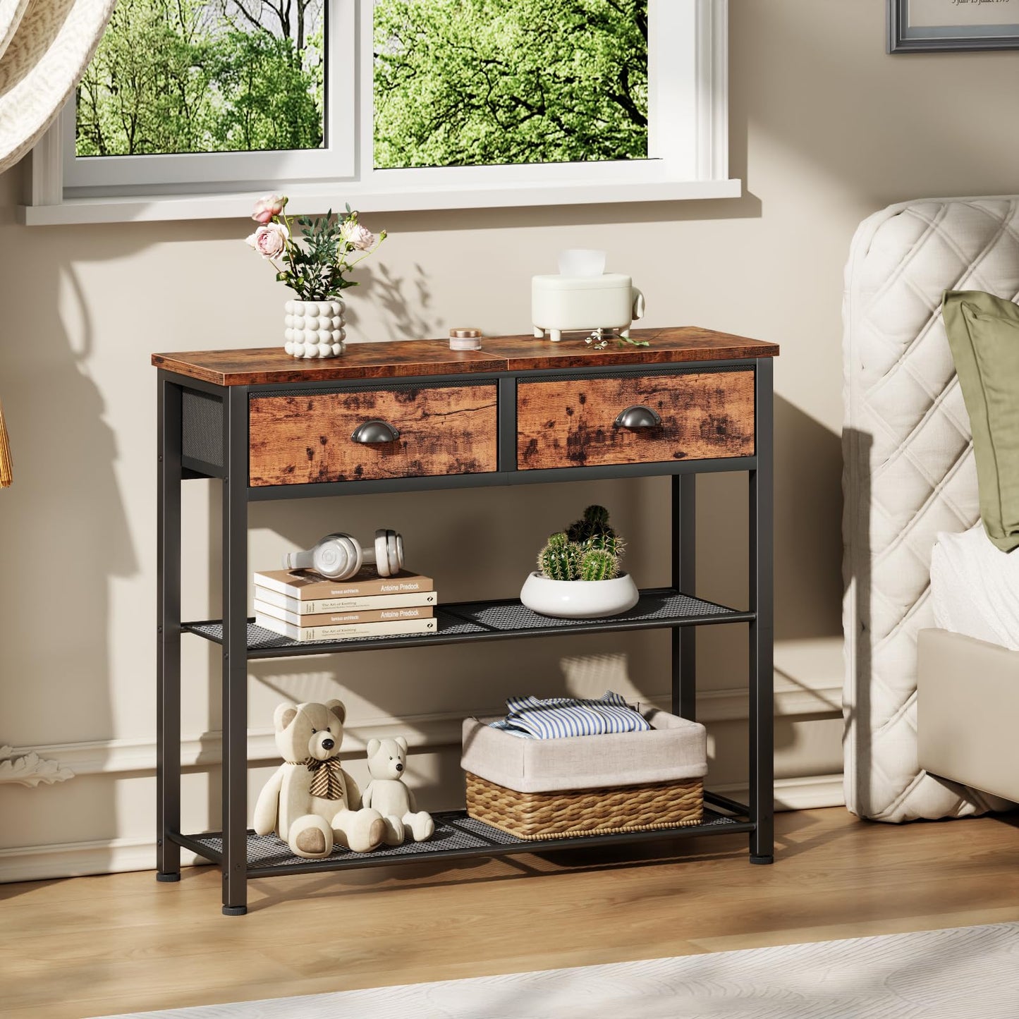 Furologee Console Sofa Table with Storage Shelf for Entry Way, Small 30'' Entryway Table with 2 Fabric Drawers, Industrial Display Shelves for Hallway, Entrance, Foyer, Rustic Brown