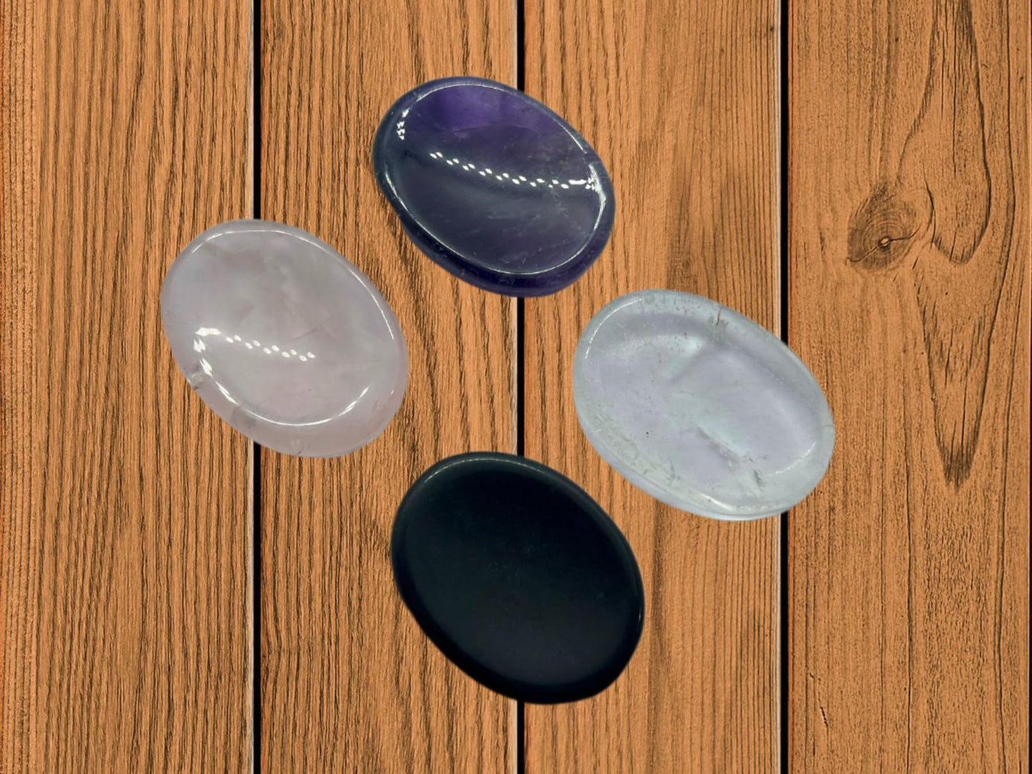 Set of 4 Pieces of Amethyst, Rose Quartz, Clear Quartz, Black Agate Thumb Worry Stones Metaphysical Gemstone Crystal Healing Reiki Men Women Gift Feng Shui Positive Energy