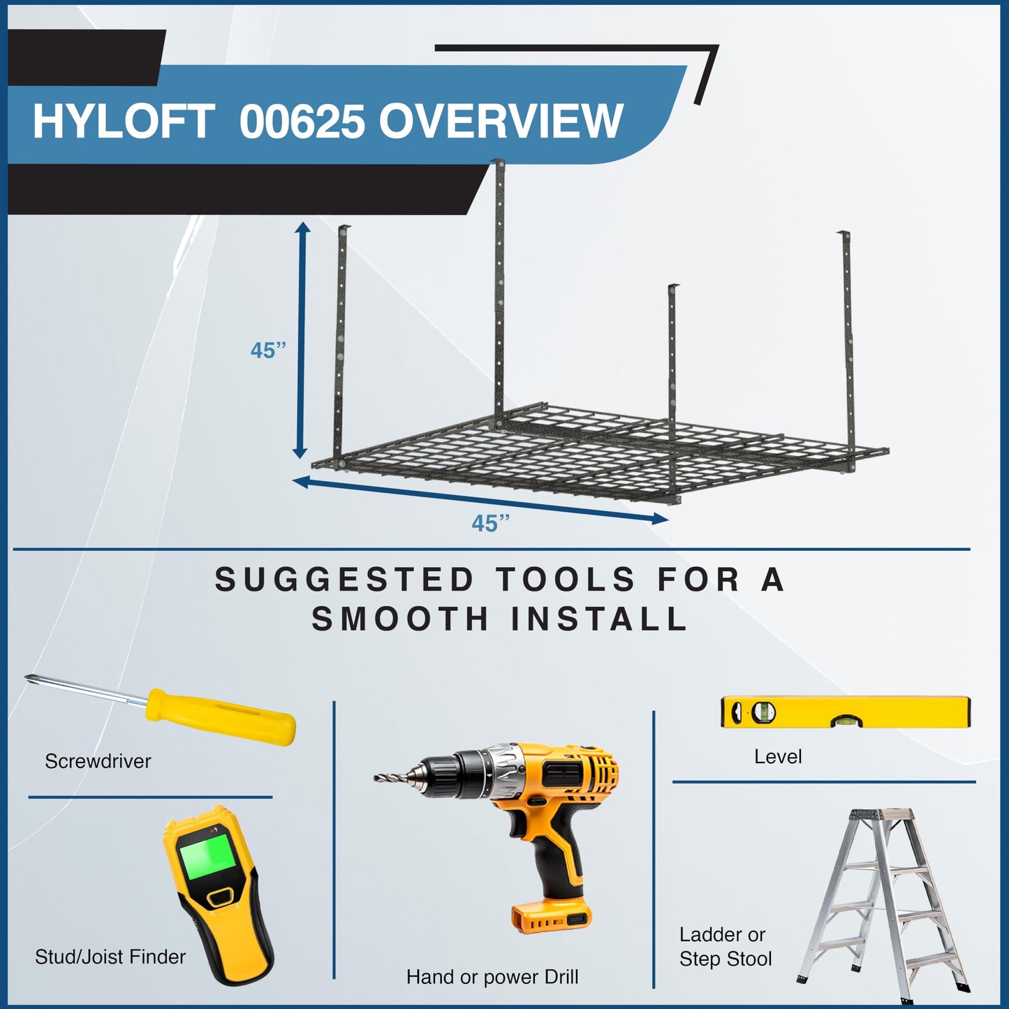 Hyloft Overhead Steel Garage Storage System, Ceiling Rack, 45-Inch x 45-Inch, 00625, Hammertone