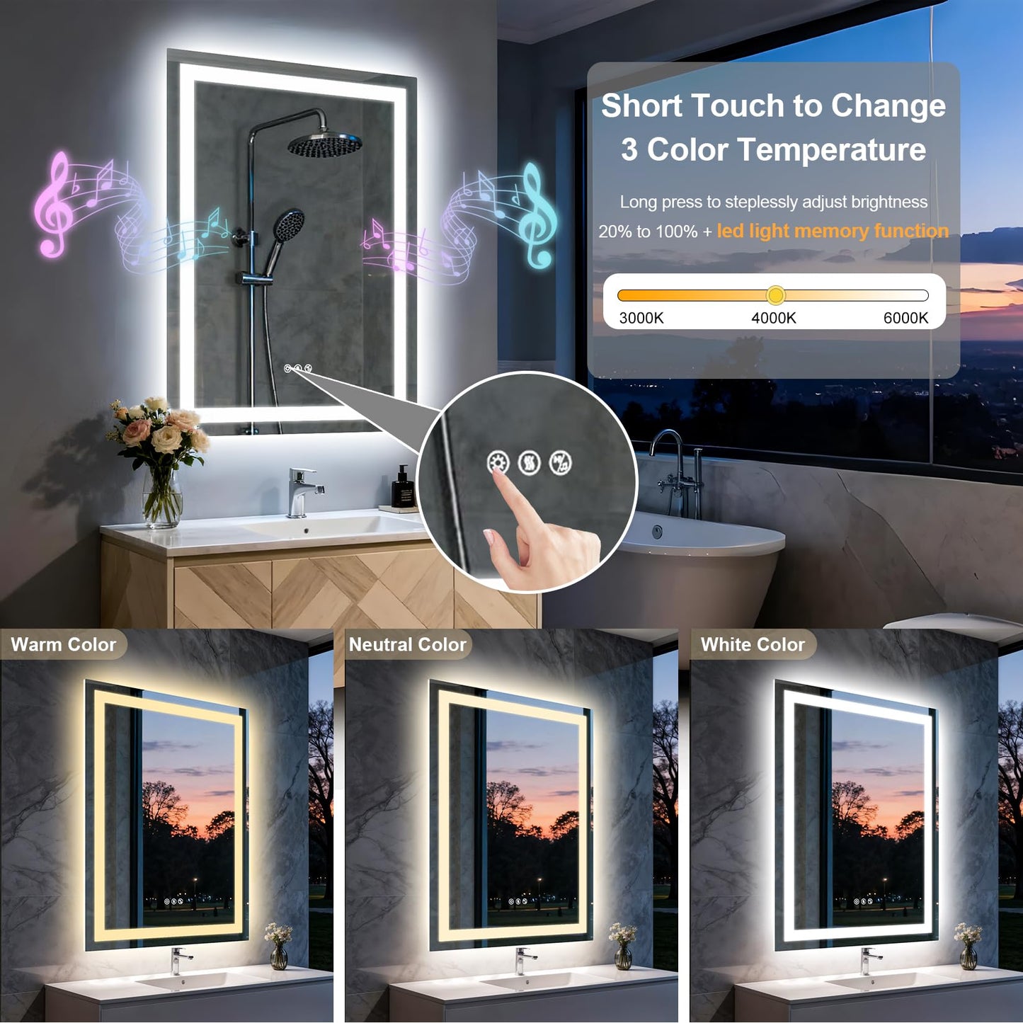 Olyvren 20"x28" LED Bathroom Mirror with Lights,Bluetooth Dual Speaker,Anti-Fog,3 Color Temperature,Dimmable Brightness,Memory Function,Waterproof,Wall Mount Design,Tempered Glass