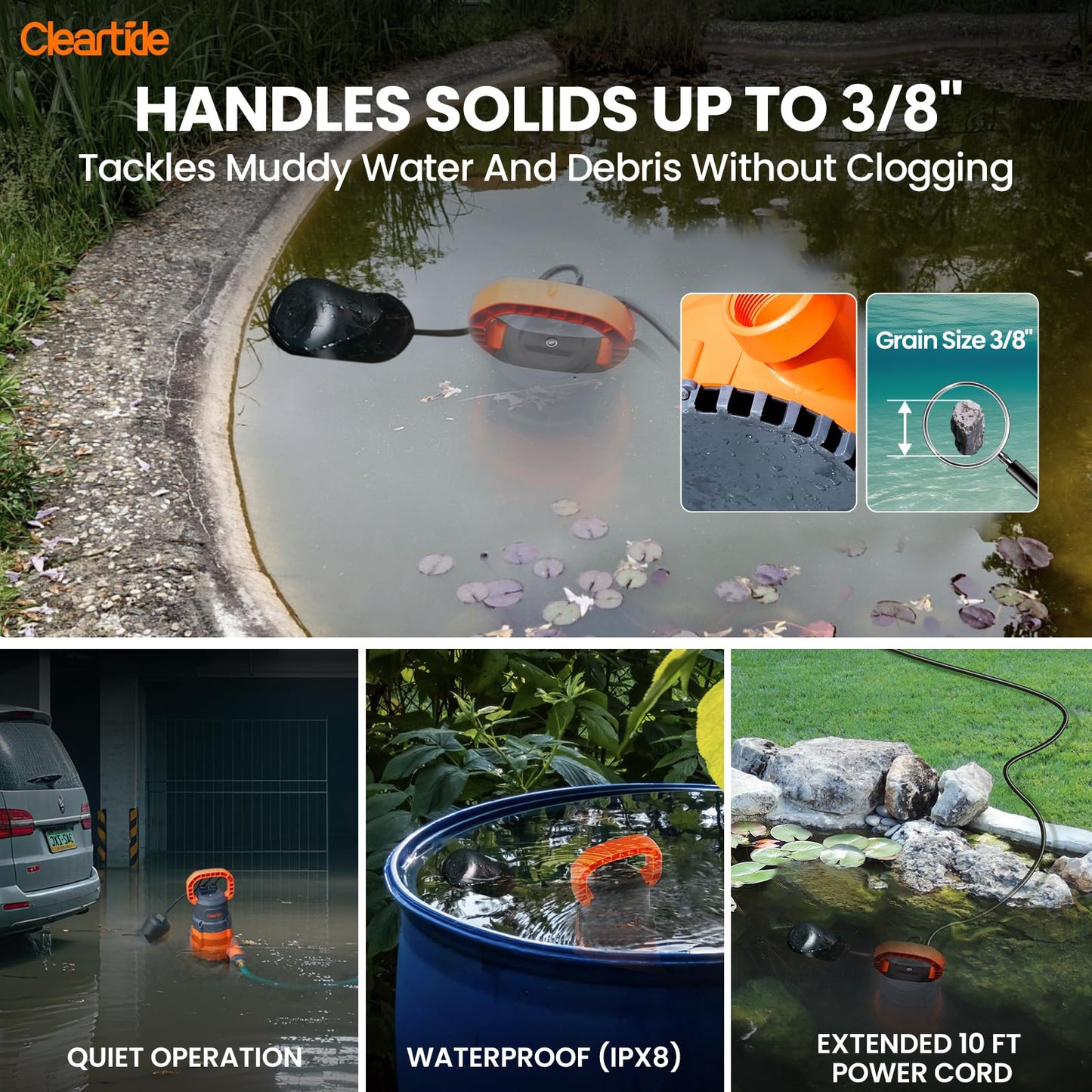 Cleartide Submersible Sump Pump with Tethered Float Switch, 1/2 HP Utility Water Pump, Electric Drain Pump Handles 3/8" Solids, 10 FT Cord