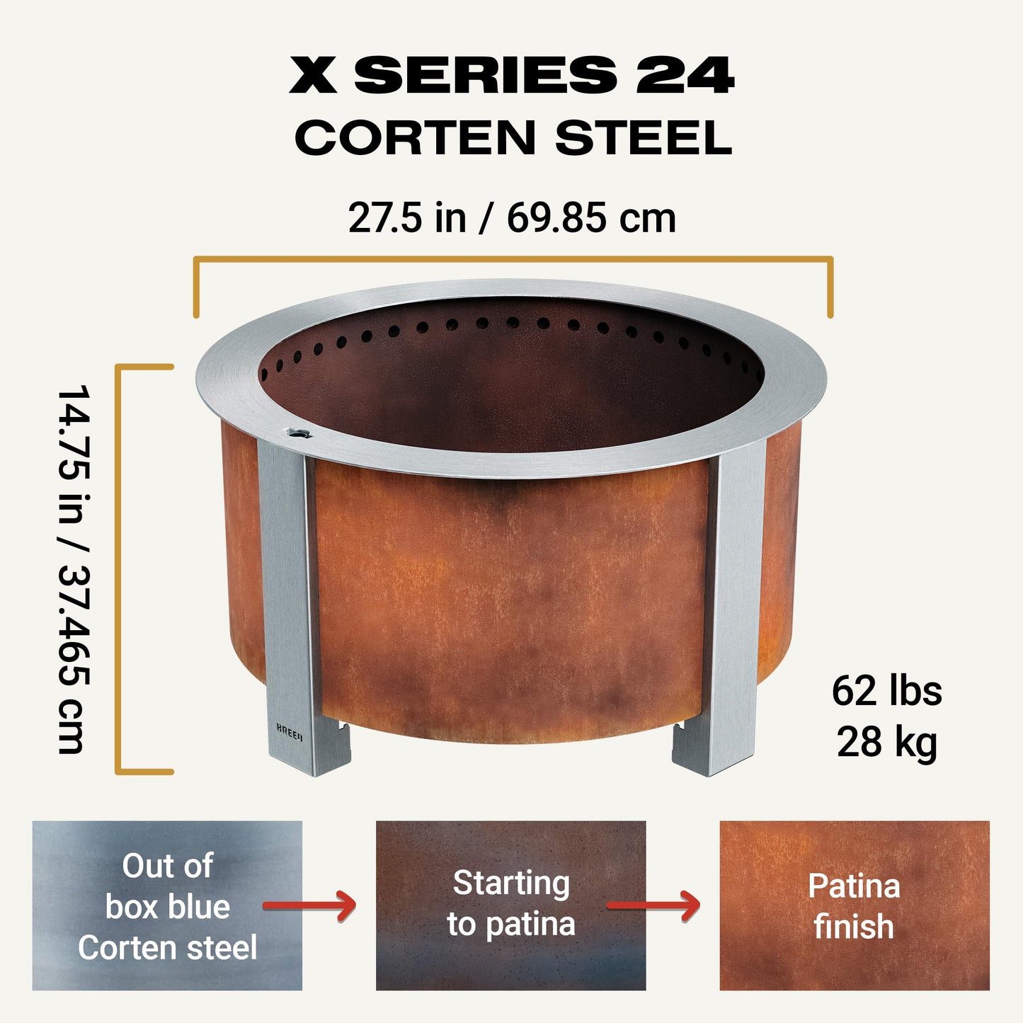 Breeo Smokeless Fire Pit (X Series 24, Corten Steel) | 27.5 inch Smokeless Firepit for Outside | 62 Pounds | Ideal for Families Compatible with Wide Range of Breeo Accessories