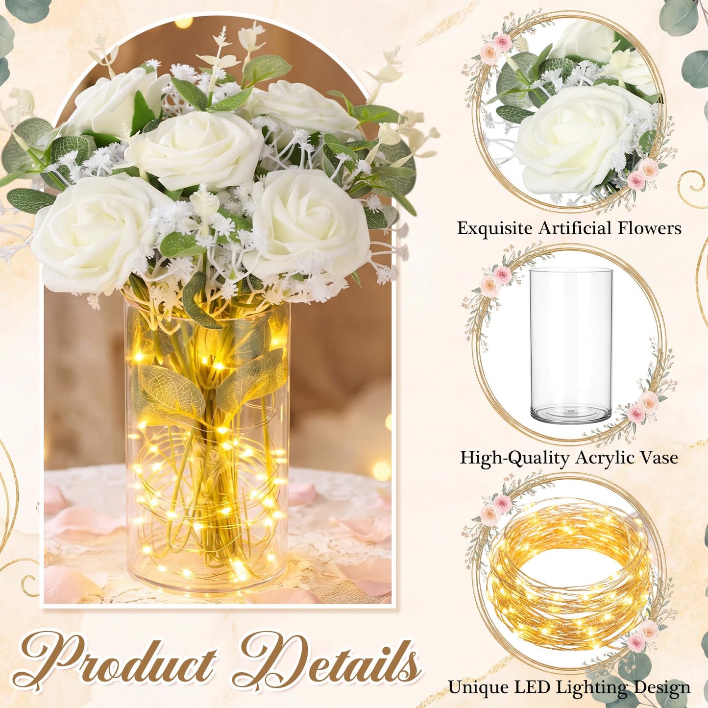 Domensi 6 Sets Wedding Table Centerpieces, LED-Enhanced Floral Arrangements with Faux Roses, Eucalyptus, Baby's Breath, and Acrylic Vase for Bridal Showers, Home Dining, and Parties (White)
