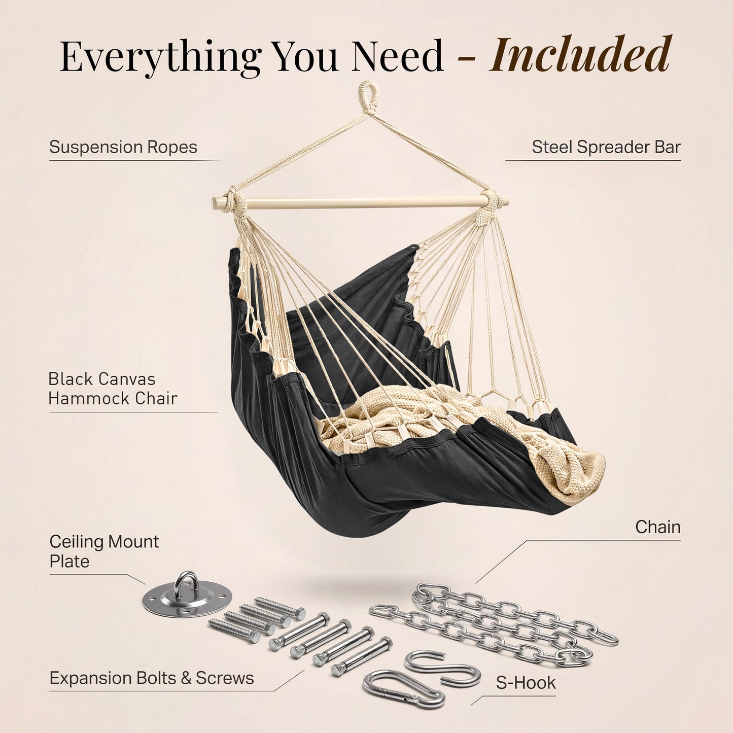 Hanging Hammock Chair Swing – Hanging Chair Outdoor & Indoor - Hammock Swing Chair – Quick & Easy Setup with Hardware Kit – Durable & Spacious Full Body Support – Holds 440 Lbs