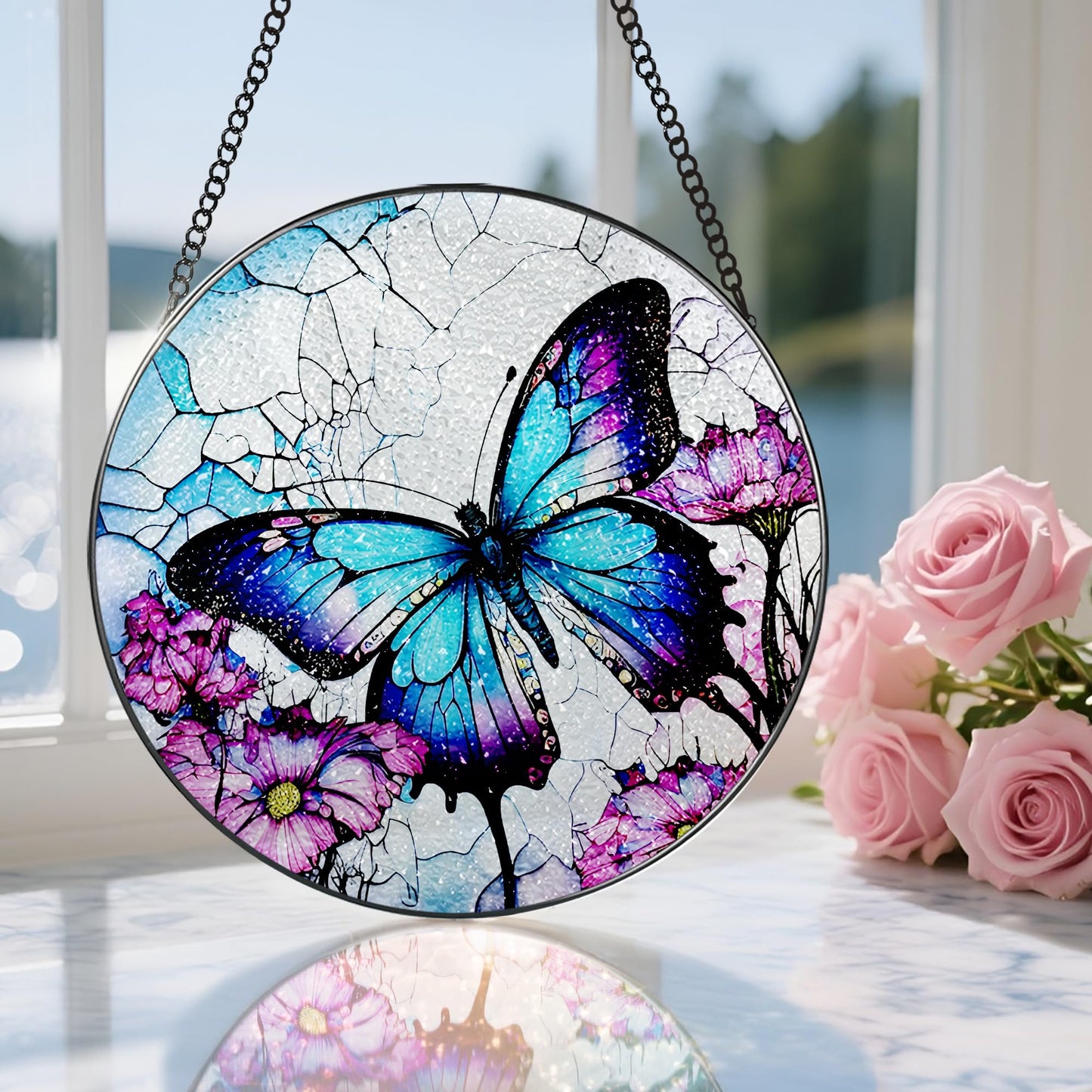 8 Inch Stained Glass Suncatcher Ornament, DOUHASU Butterfly Sun Catchers Indoor Window, Stained Glass Window Hanging, Home Decor, Butterfly Lovers Gifts for Her, Women, Mom, Grandma, Friend