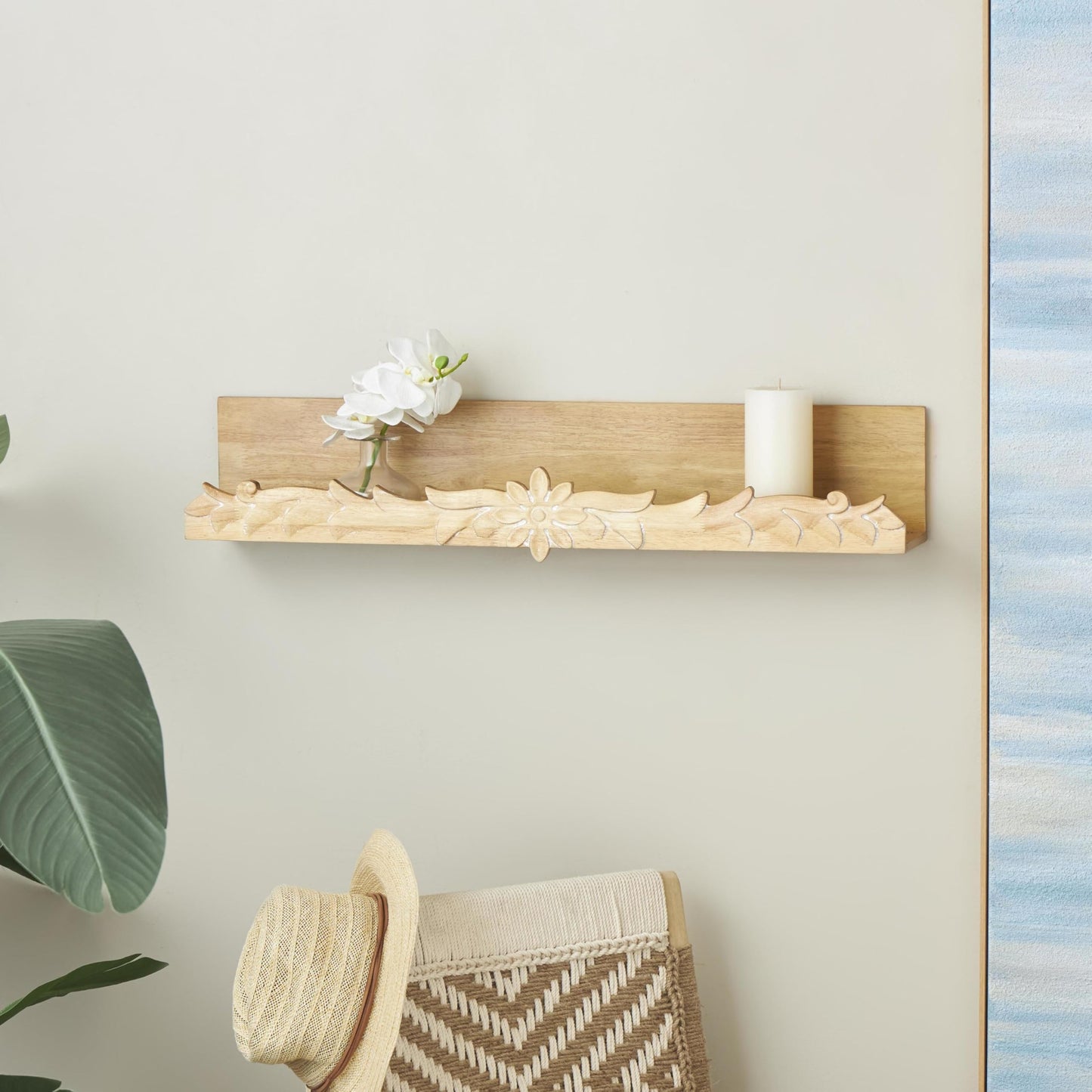 Deco 79 Wooden Floral Wall Shelf with Carved Scroll Lip, 30" x 6" x 6", Light Brown