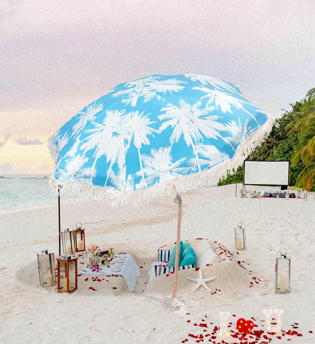 STANDERECT 6.5Ft Boho Beach Umbrella with Fringe, Tassel Umbrellas with Tilting Wood Pole & Carrying Bag, UPF 50+ for Beach (Palm)