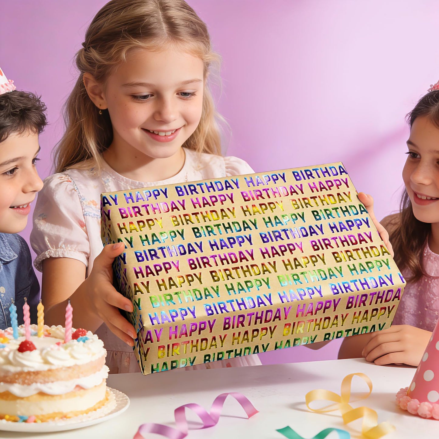 WRAPAHOLIC Kraft Birthday Wrapping Paper Roll - 3 Mini Rolls - 17 Inch x 120 Inch Per Roll - Rainbow Foi Happy Birthday Wrapping Paper for Boys Girls Kids, Baby Shower