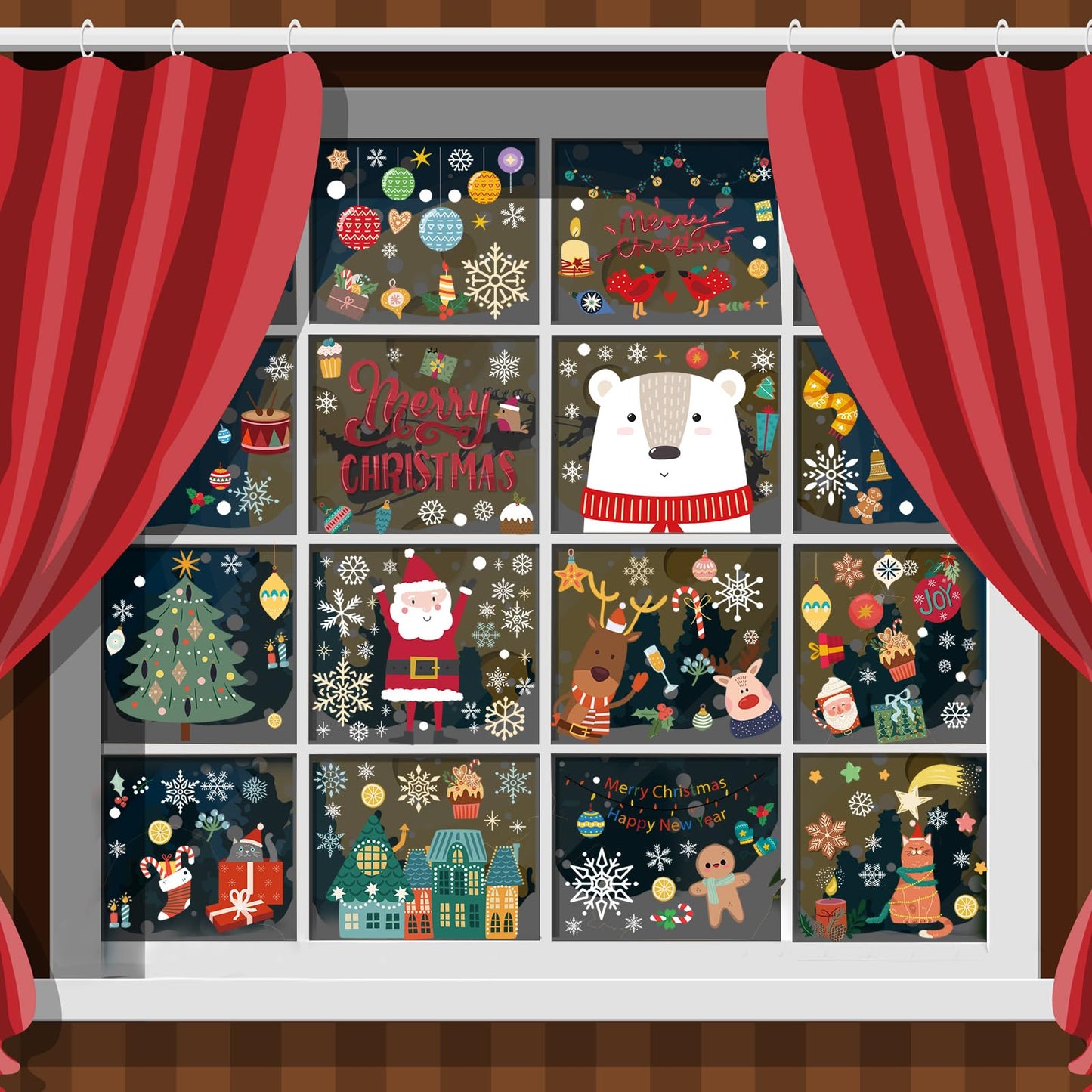 Christmas Window Clings Decorations, Xmas Stickers for Glass Windows, Fun Gift for Kids, Cute Decal Decor with Santa, Polar Bear, Snowflakes, 8 Sheets