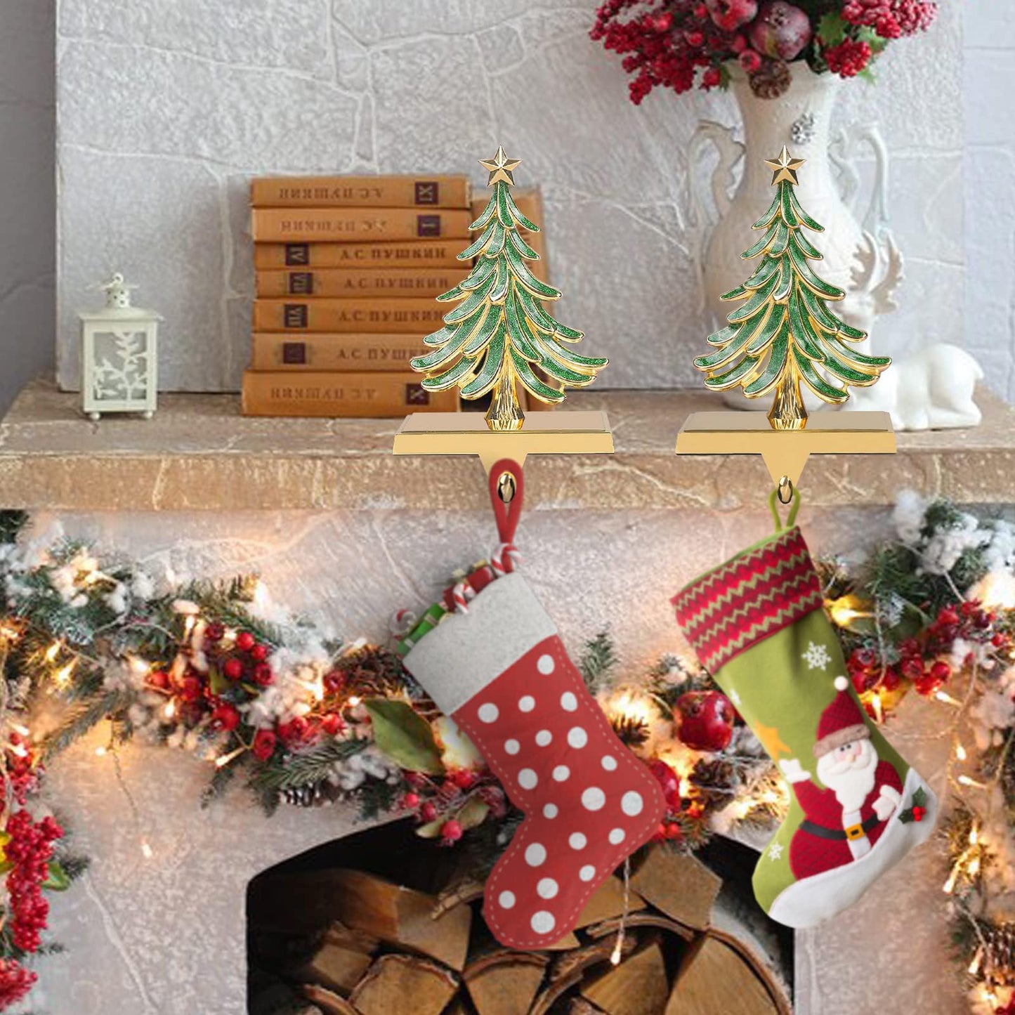 JUSTOTRY 2PC Christmas Stocking Holders for Mantle Glitter Green Xmas Tree Gold Stocking Holder for Fireplace Home Decor Holiday Gifts Christmas Decorations Supplies Non-Skid Durable and Sturdy