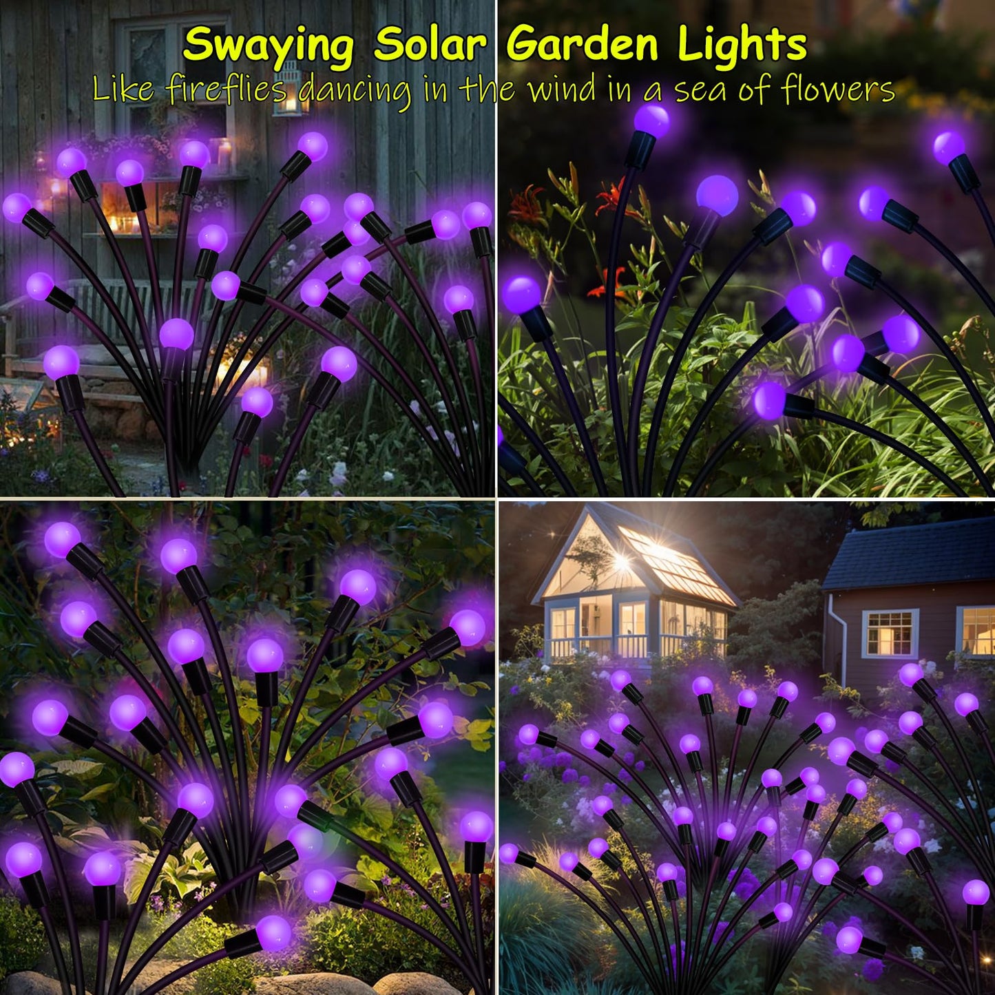 Solar Garden Lights Outdoor, 2 Pack 16 LED Solar Purple Firefly Lights Waterproof, Starburst Wind Swaying Light for Outside Yard Patio Planter Flower Bed Walkway Halloween Christmas Decoration