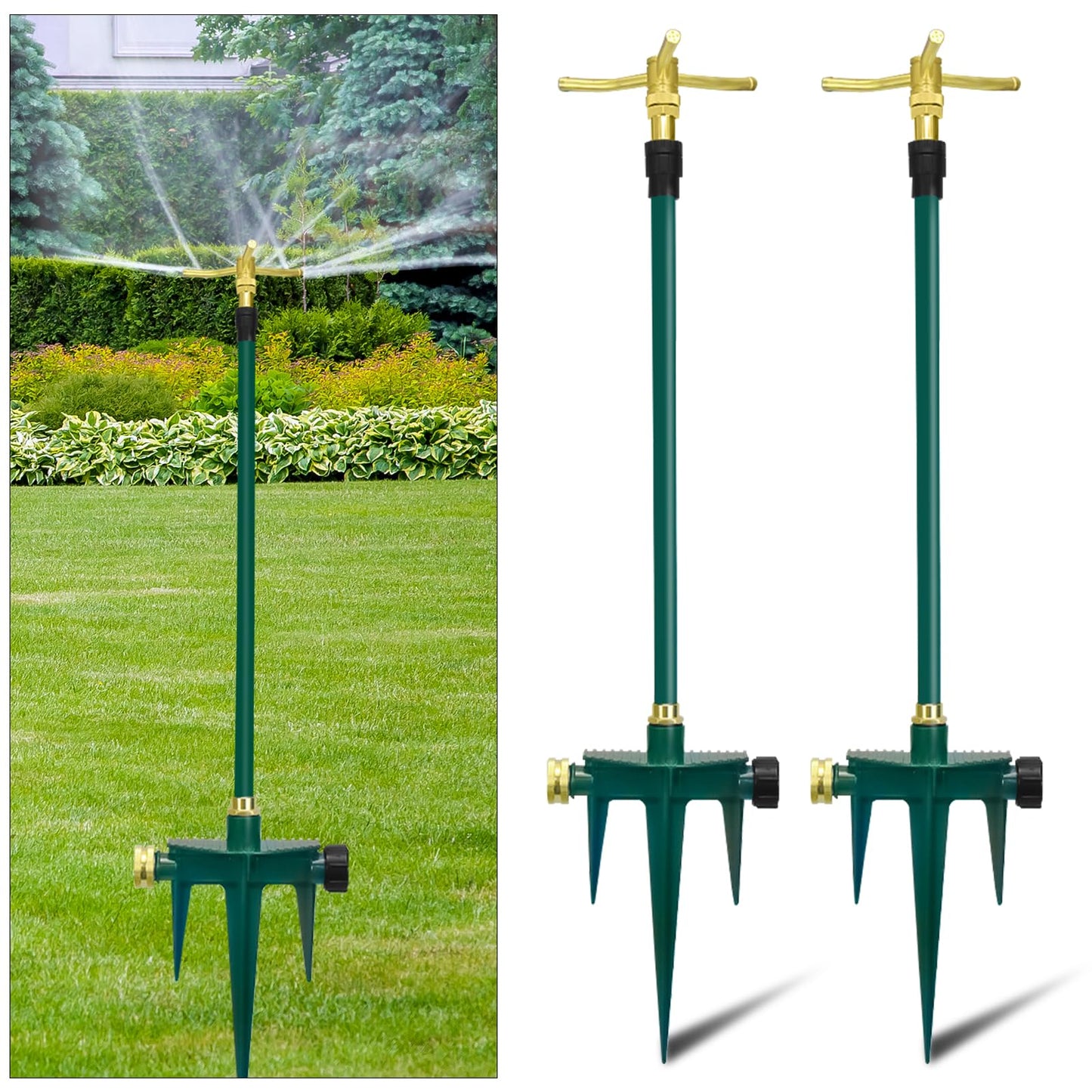 3-Arm 360° Rotating Garden Sprinkler, 2 Pack Telescoping Sprinkler with Spike, Brass Garden Lawn Water Sprinkler for Large Area up to 40 Inches