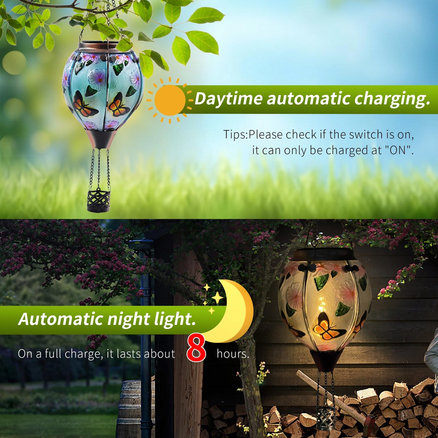 TEYIGARDEN Hot Air Balloon Solar Lantern with Flickering Flame, Glass Hanging Garden Lights Outdoor Waterproof for Tree Yard Patio Mother's Day Gift, 18" H Butterfly