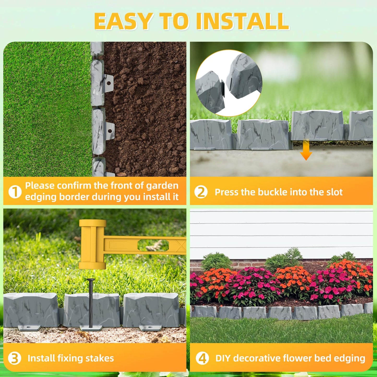 16 Pack(24FT) No Dig Landscape Edging with 48 Spikes,3 Inch Tall Stone Gray Faux Stone Edging for Landscaping,Garden,Flower Beds,Grass,Yard,Paver,Pathway Decorative Fence