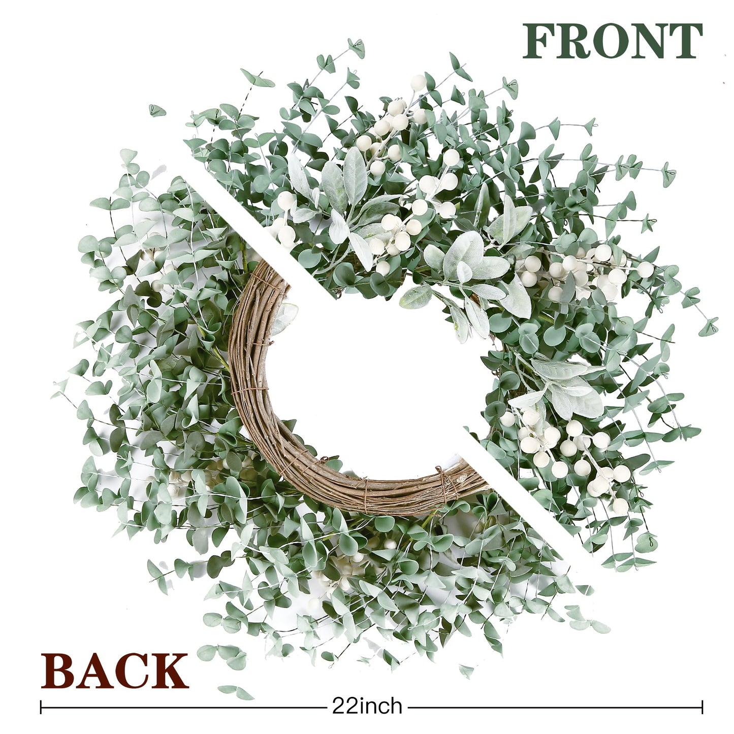 Sggvecsy Artificial Greenery Leaves Wreath for Front Door 22 Inch Greenery Boxwood Wreath with Flocked Lambs Ear White Berries for Spring Summer Farmhouse Wall Home Indoor Outdoor Decor