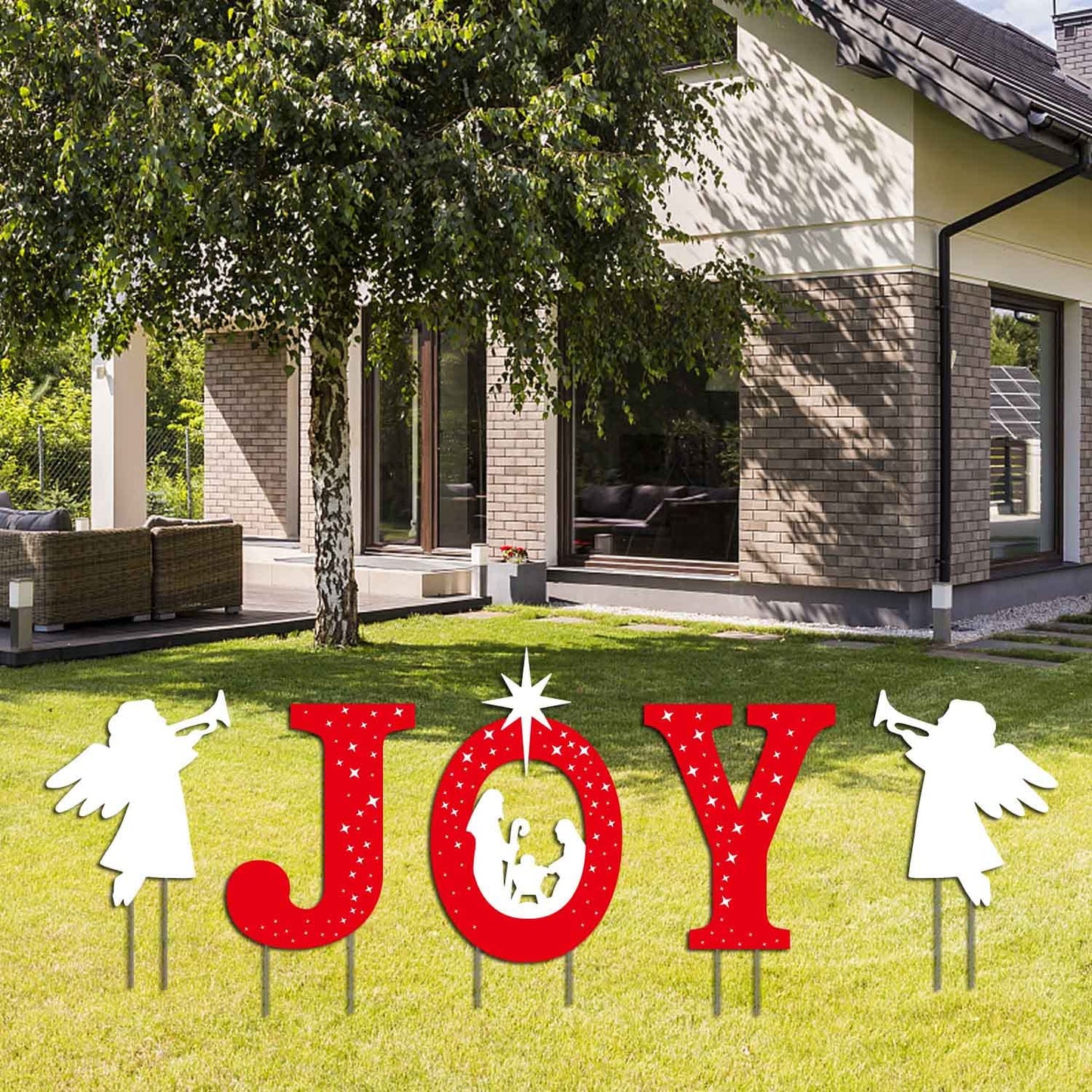 Outdoor Christmas Decorations -Joy Nativity Sets for Christmas Outdoor Xmas Nativity Lawn Religious Scenes Yard Decor with Stake for Home Lawn Pathway Walkway, Red, White
