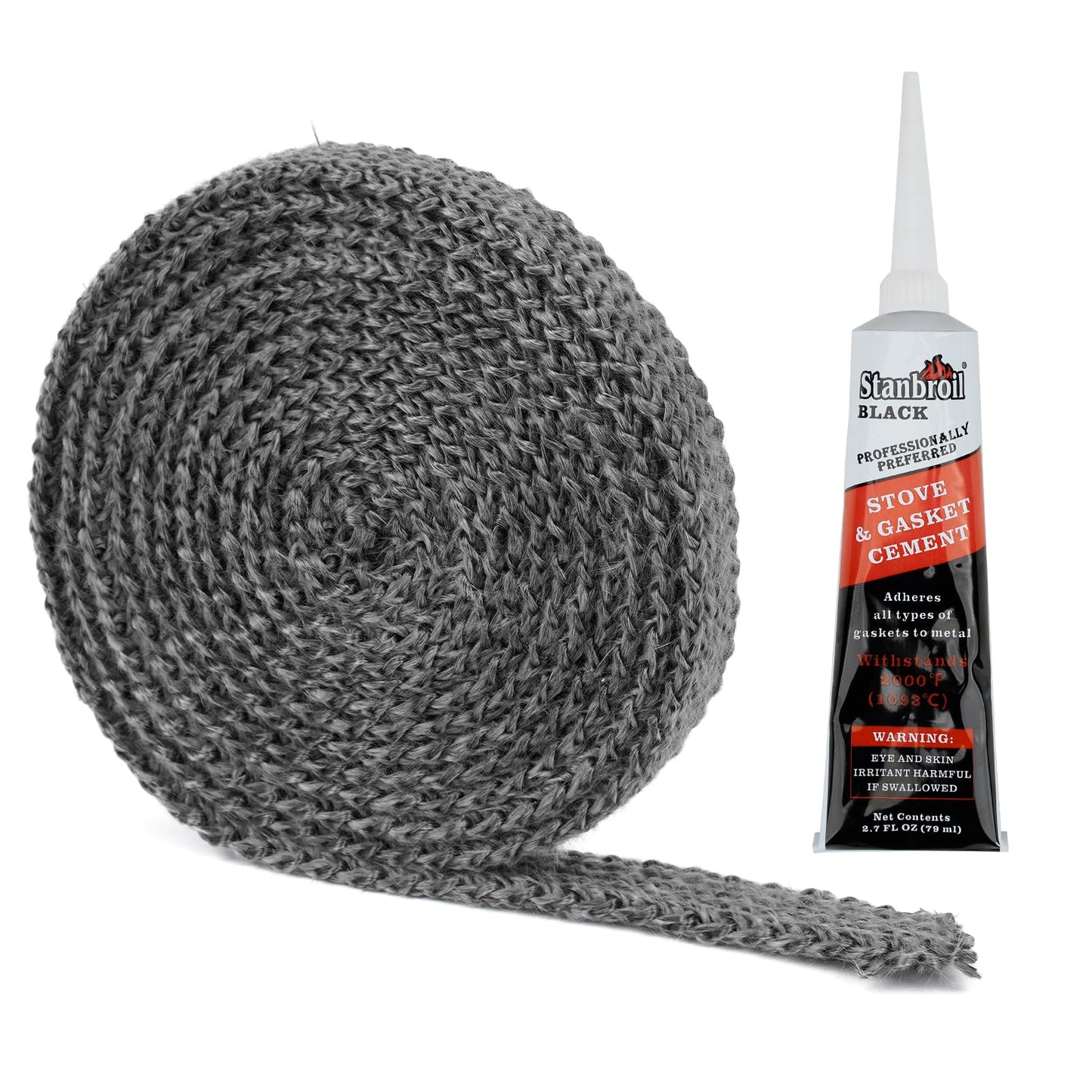 Stanbroil Graphite Impregnated Fiberglass Flat Rope Seal and High Temperature Cement Gasket Kit Replacement for Wood Stoves - 5/8" x 1/8" x 84"