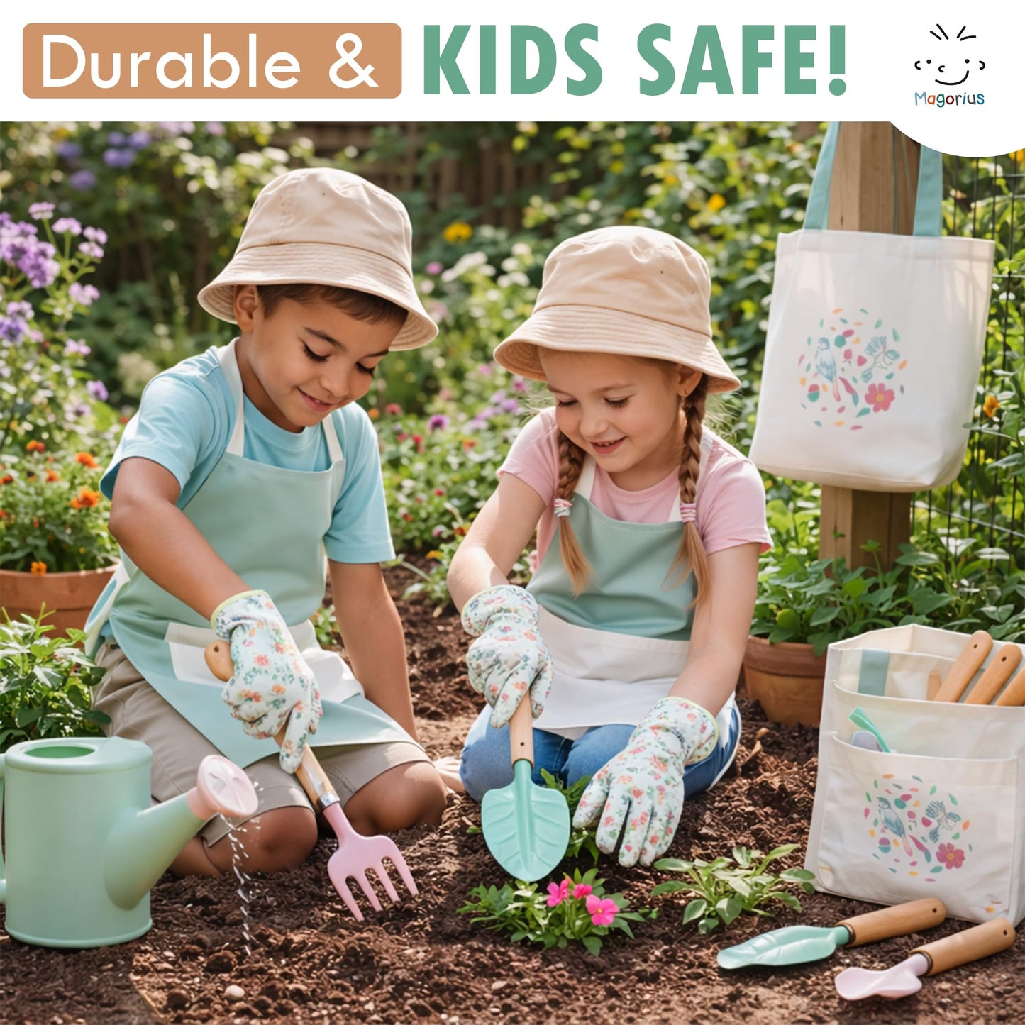Magorius Kids Gardening Tools Set - 9 Piece Real Metal Tools with Sturdy Wood Handles, Includes Washable Apron, Hat, Tote Bag and Watering Can - STEM Outdoor Learning Gift for Boys and Girls.