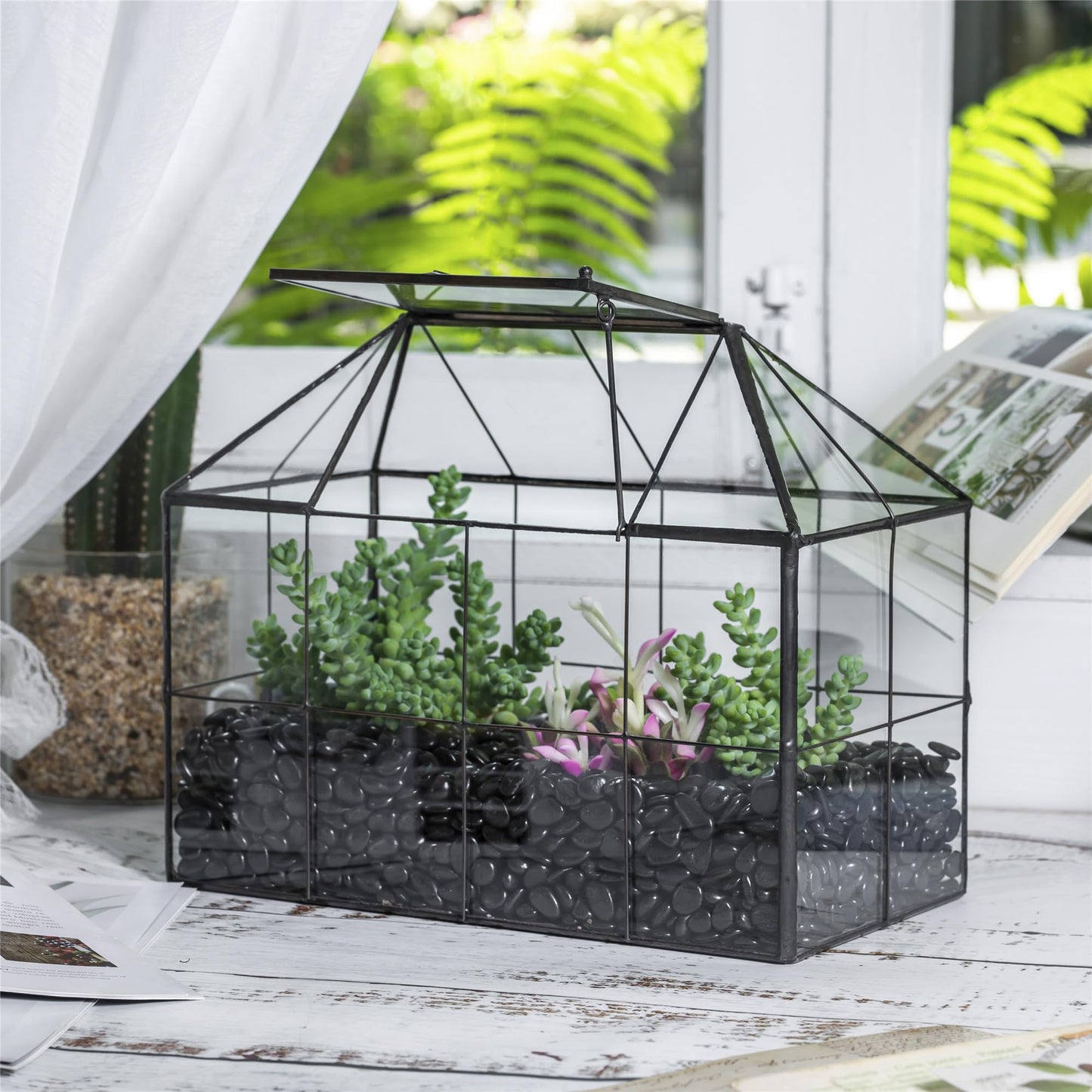 NCYP Glass Terrarium Planter with Lid for Small Succulent Plants, Grid House Shape Black Geometric Terrarium Pot, Home Garden Indoor Tabletop Decor, 9.84" x 5.31" x 7.87" (No Plants)