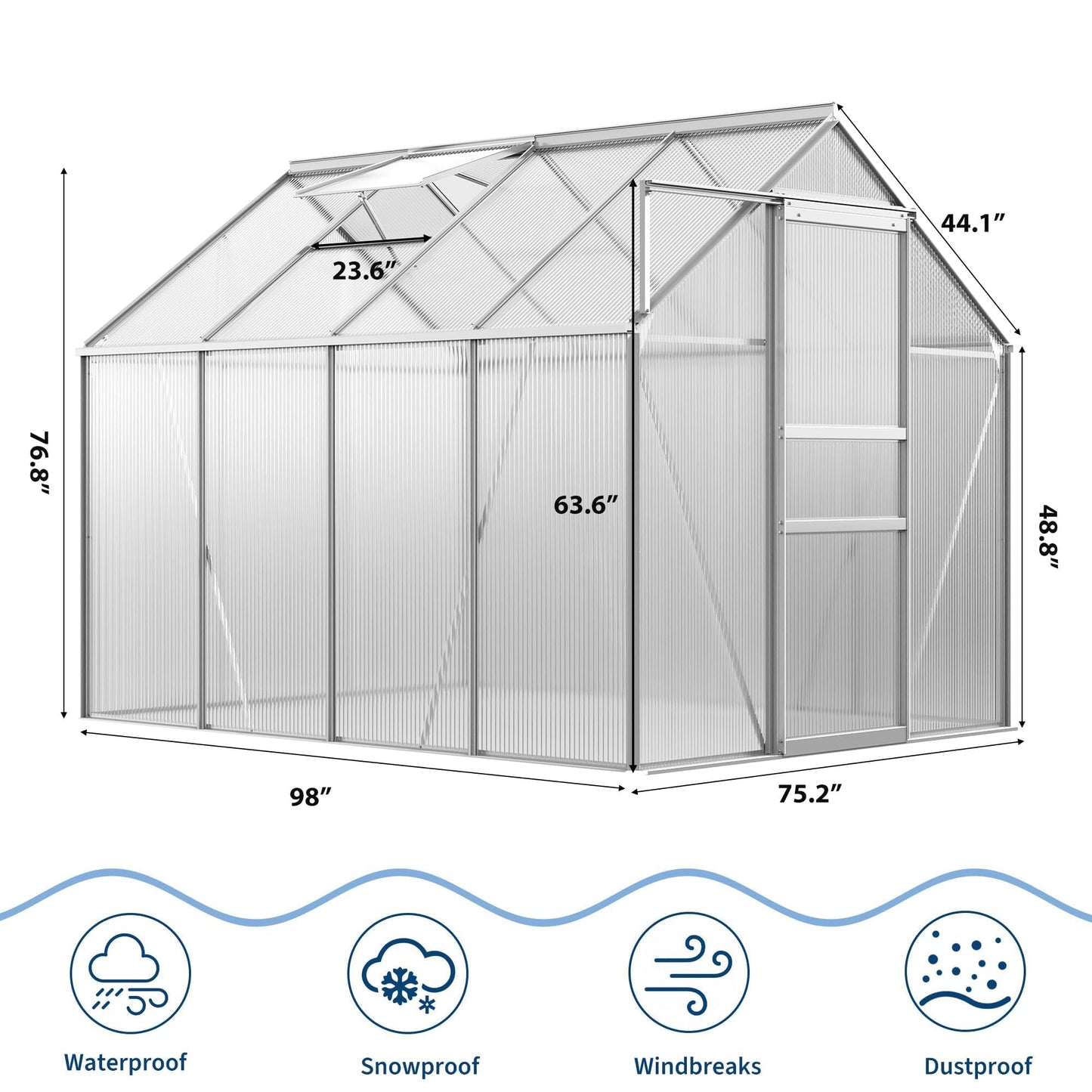 GAOMON Greenhouses, Large Walk in Greenhouses for Outdoors and Garden Planting, Polycarbonate Greenhouse with Enhanced Aluminum Frame, Adjustable Roof Vent ＆ Sliding Door for Winter Use(White, 6*8FT)