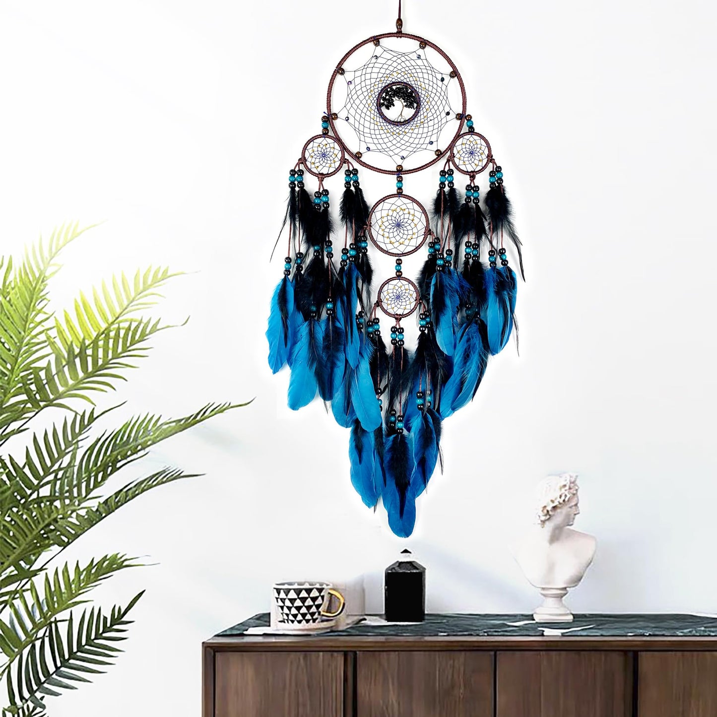 Large Dream Catchers, Boho Handmade Woven Blue and Black Dream Catcher Wall Hanging Ornament for Bedroom Living Room Adults Wedding Party Decor, Festival Blessing Gift (Blue & Black)