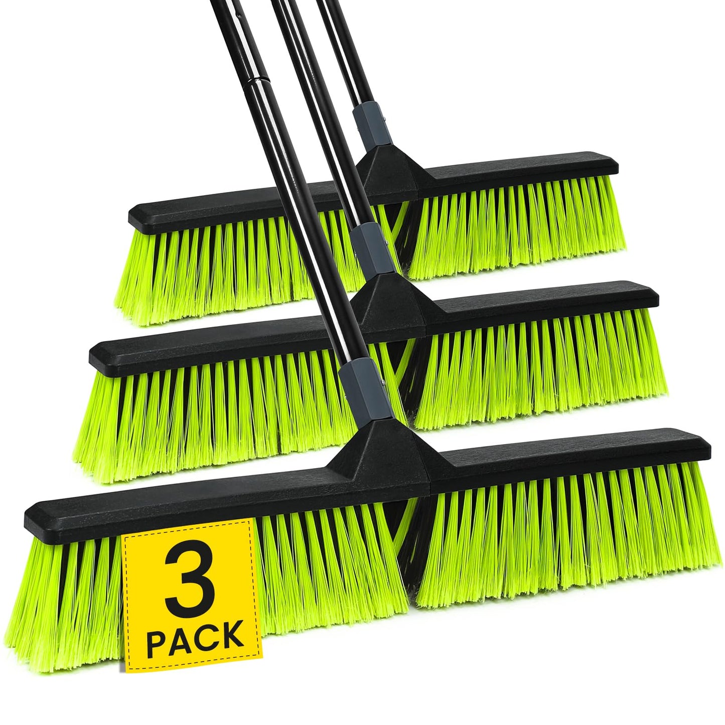 3 PK 24" Push Broom Outdoor, Heavy Duty Broom with 63" Long Handle, Shop Garage Broom with Stiff Bristle for Indoor Outdoor Floor Cleaning, Garden Patio Deck Warehouse Lawn Driveway Scrubbing