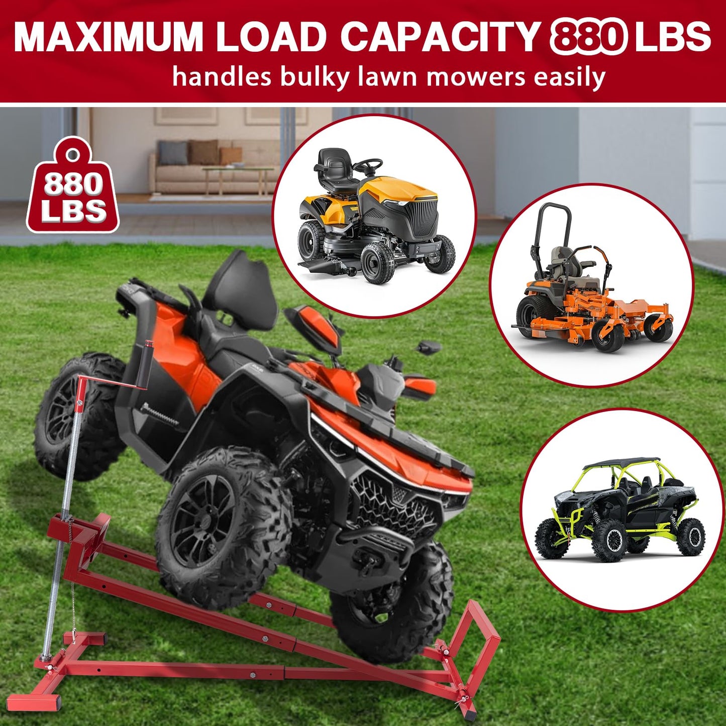 Upgraded Lawn Mower Lift Jack for Riding Lawn Mowers & Garden Tractors, Telescopic Maintenance Lawn Mower Jack Mower Lift with Manual Handle & Power Tool Extension Handle, Weight Capacity 880 Lbs