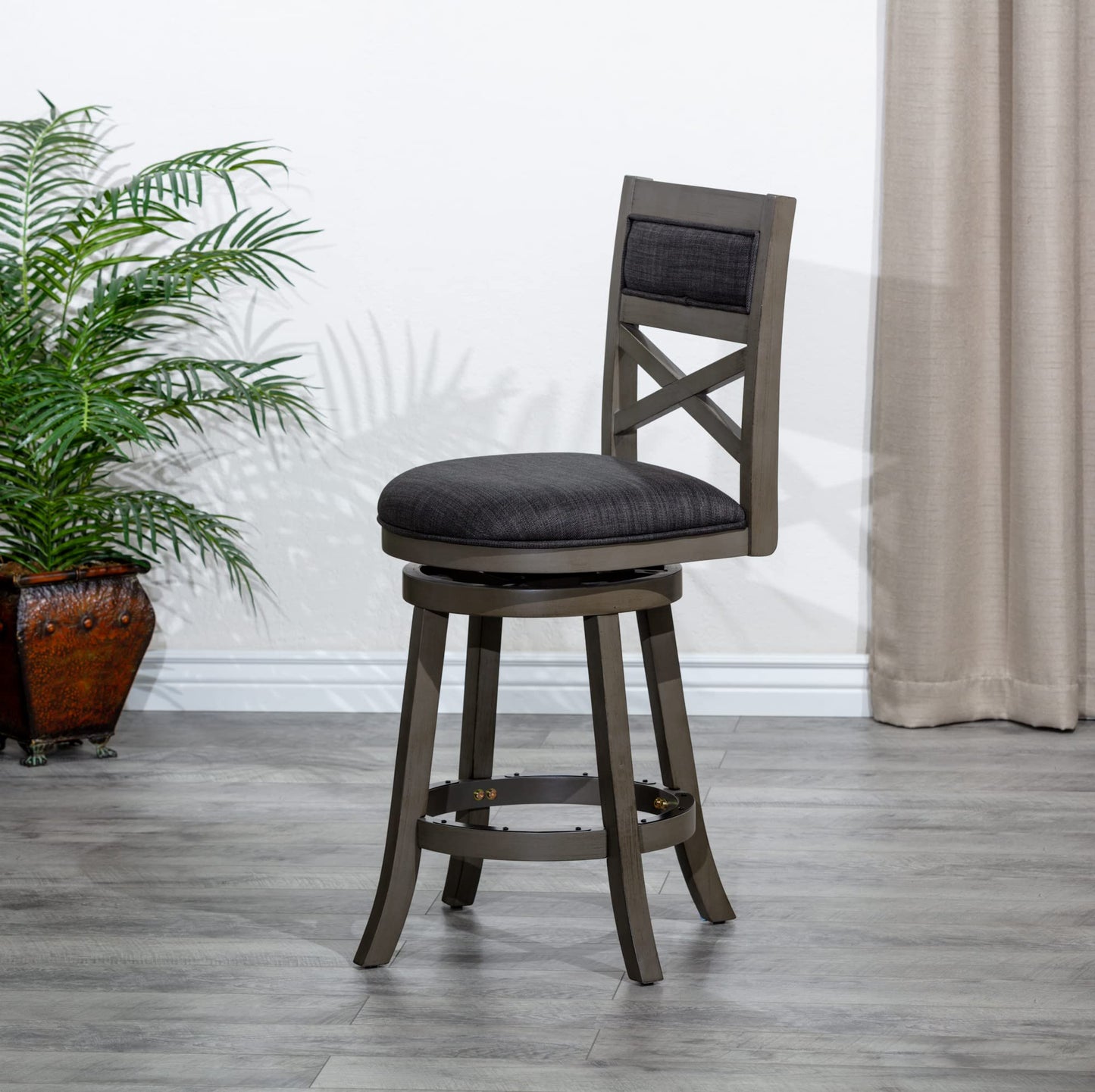 DTY Indoor Living Meeker 24 Inch Counter Height Bar Stools with Backs - Wooden Swivel Counter Stools for Kitchen Island - Charcoal Fabric Seat, Solid Wood Frame, Weathered Gray Finish