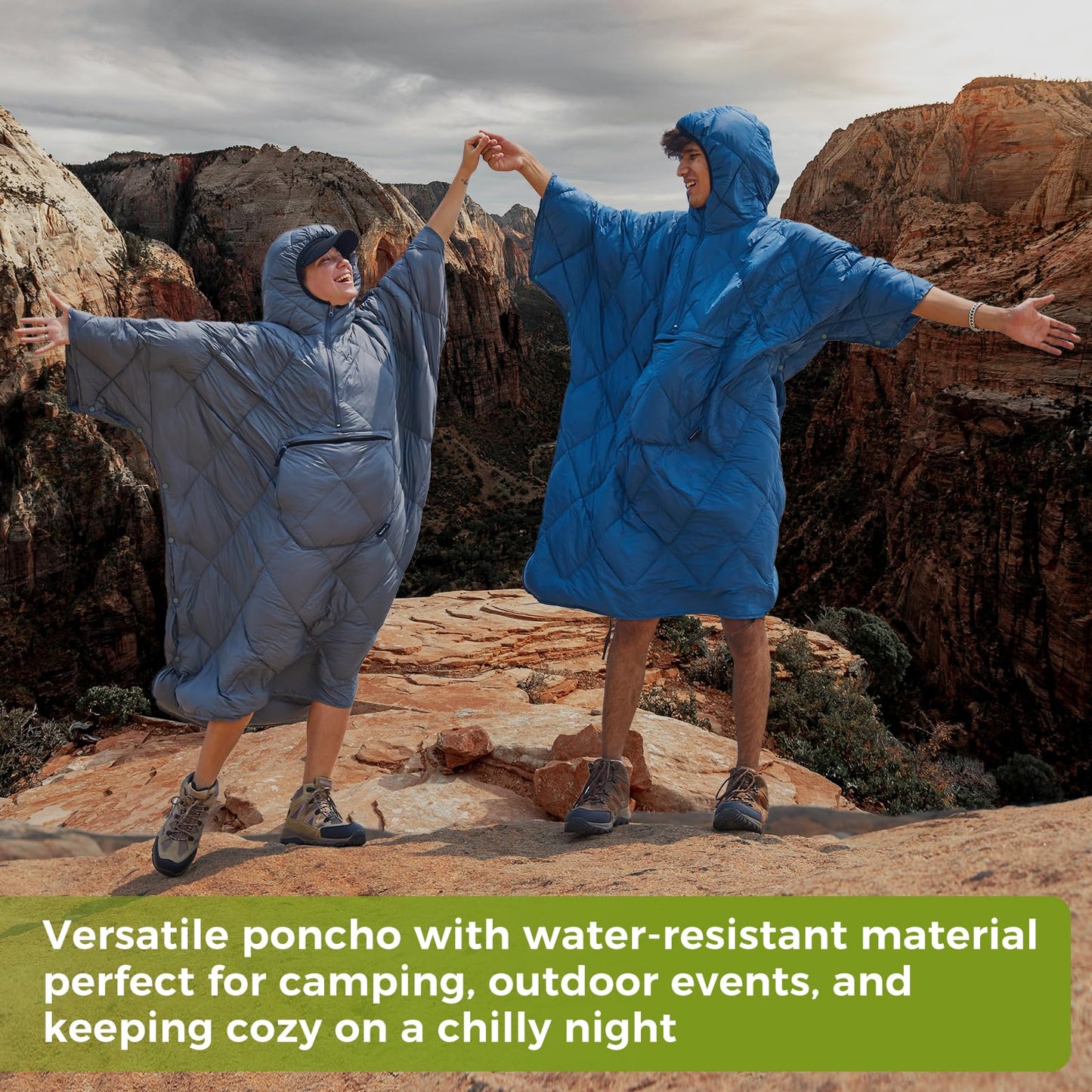 ATEPA Wearable Sleeping Bag, Recycled Insulated Water-Resistant Camping Blanket Poncho, Ultralight Packable Hooded Stadium Blanket for Outdoor Sports Fishing Backpacking Hiking Cold Weather, Green