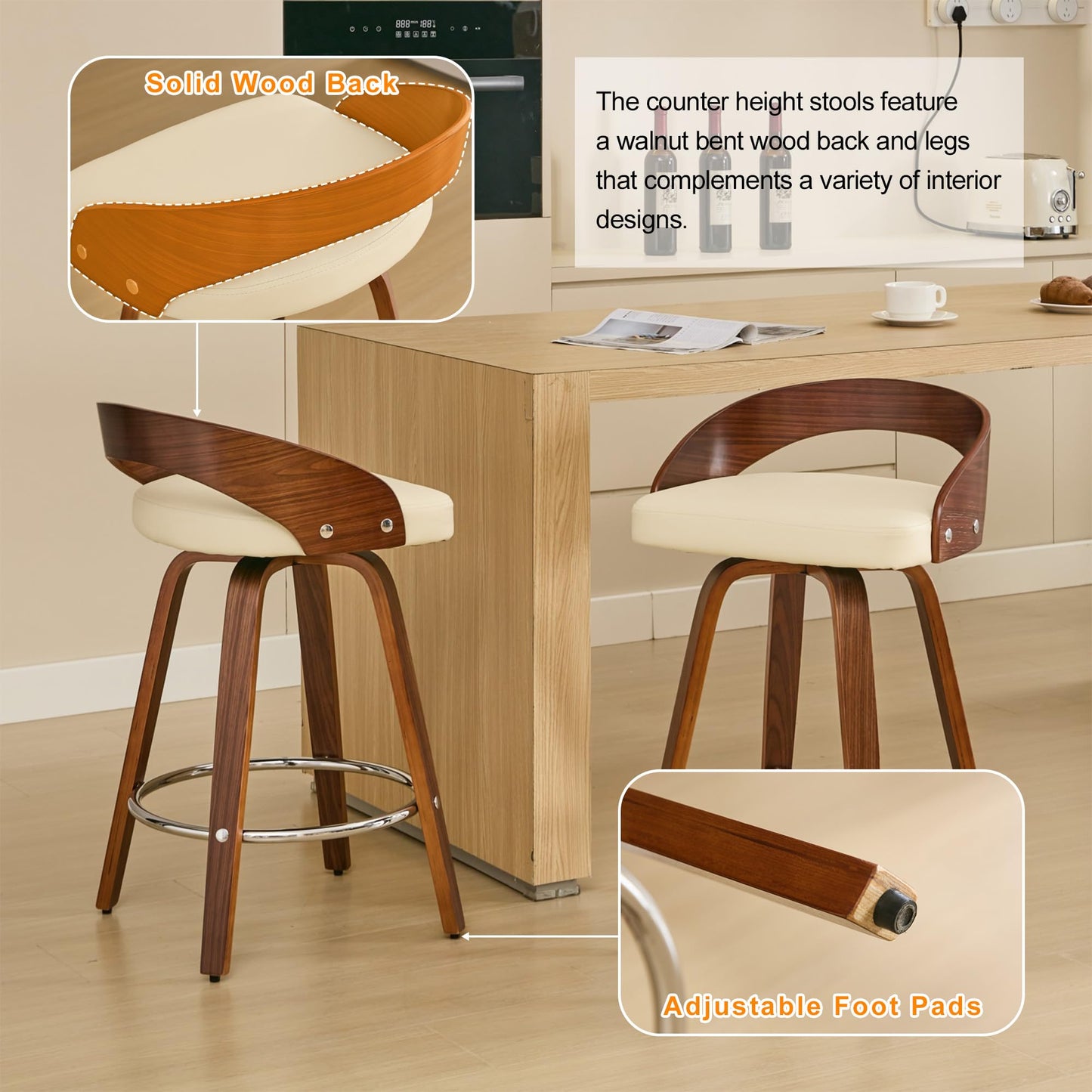Swivel Bar Stools Set of 2, 24.6" Counter Height Bar Stools, Mid-Century Modern Design, Upholstered Walnut Barstools with Bentwood Curved Back and Legs, Suitable for Kitchen Island, Counter