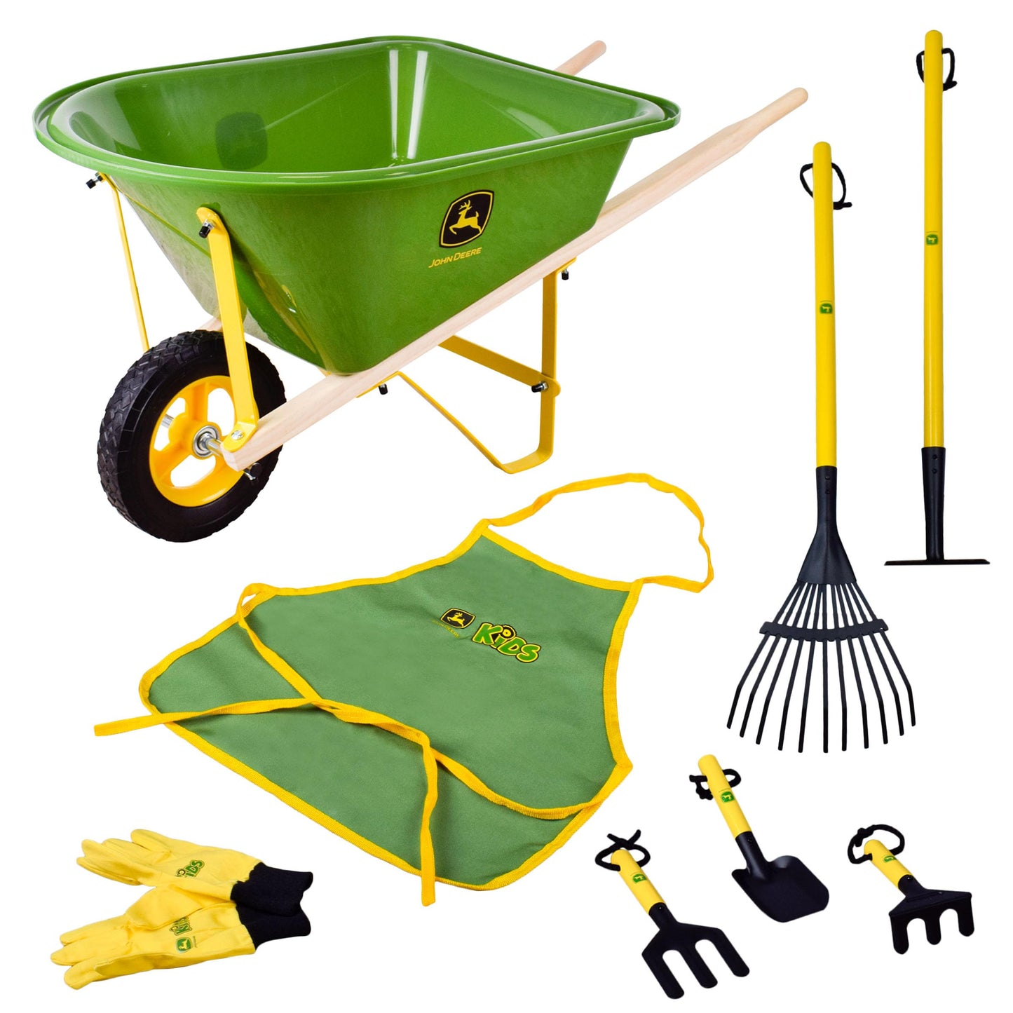 John Deere Deluxe 34" Wheelbarrow and Garden Set Includes 5 Realistic Gardening Tools,Gardening Apron, Gardening Gloves, Large Metal Wheelbarrow with Wooden Handles, Outdoor Toy Ages 5+