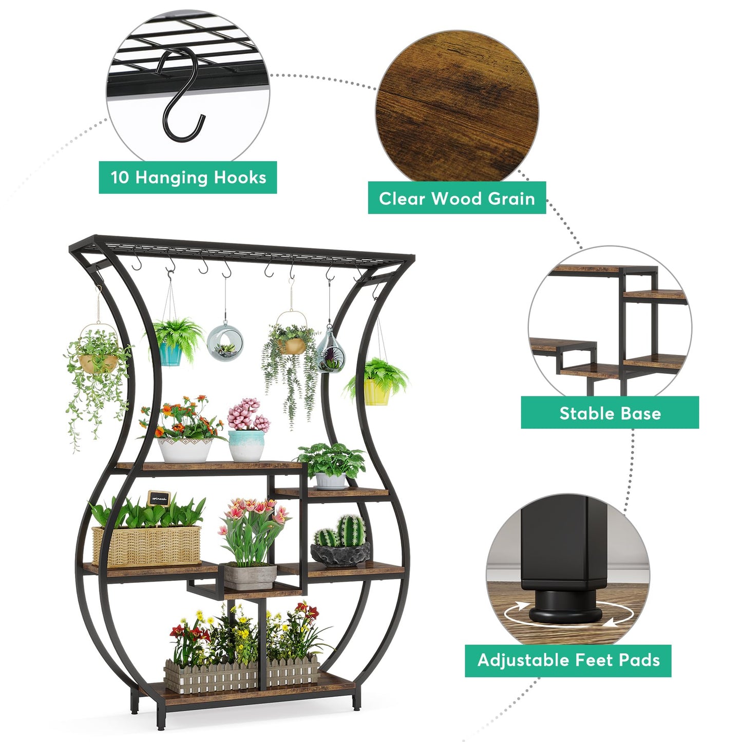 Tribesigns 6-Tier Plant Stand, 70.9 Inch Tall Plant Shelf with 10 Hanging Hooks, Vase Shape Ladder Plant Stand, Multi-Purpose Plant Display Rack for Indoor, Balcony, Living Room, Brown and Black