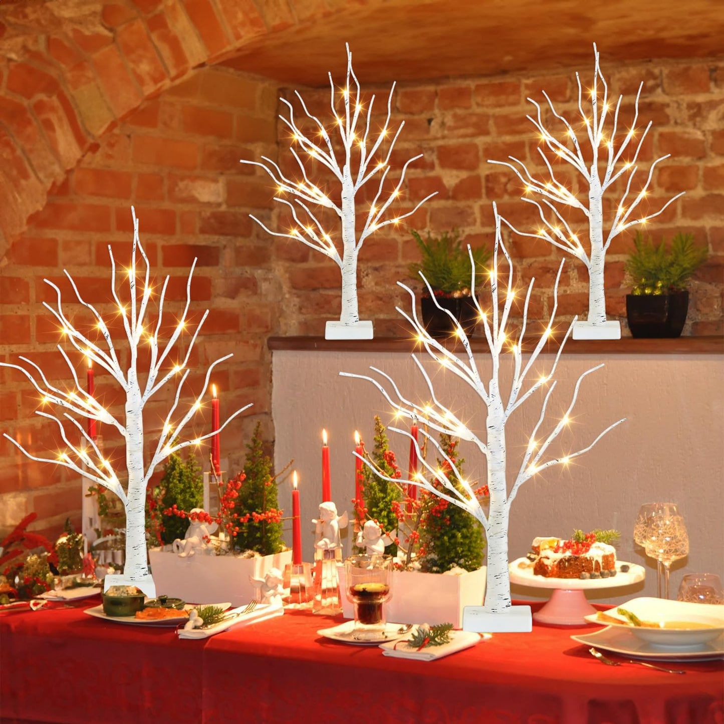 PEIDUO Christmas Decorations for The Home, 2FT BirchTree with LED Lights, Warm White Tree Lamp, Fairy Light Spirit Tree for Room Inside Fireplace Home Decor, Battery Powered, Timer (4PK)