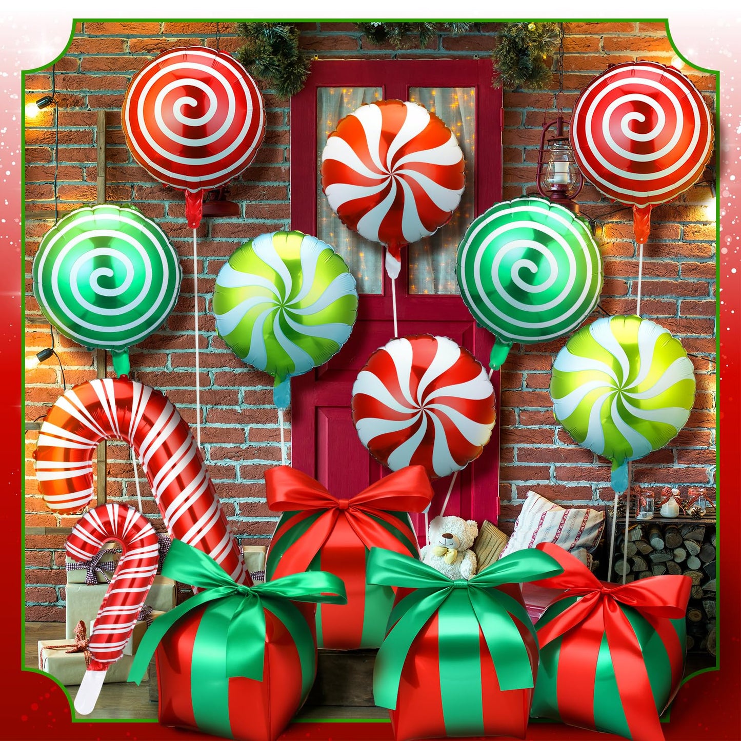 Arrowbash 72 Pcs Christmas Balloons Decorations Set Candy Cane Gift Box Foil Balloons Set Red and Green Lollipop Decorations for Christmas Xmas Theme Birthday Holiday Party