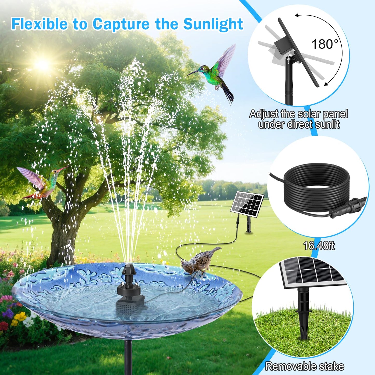 GAIZERL Solar Fountain Pump with Adjust Glass Panel, Upgrade 3.5W Solar Water Pump with Stake, 16.4ft Cable, 2000mAh Battery, Colorful Lights, Solar Powered Fountain Kits for Bird Bath, Hummingbird