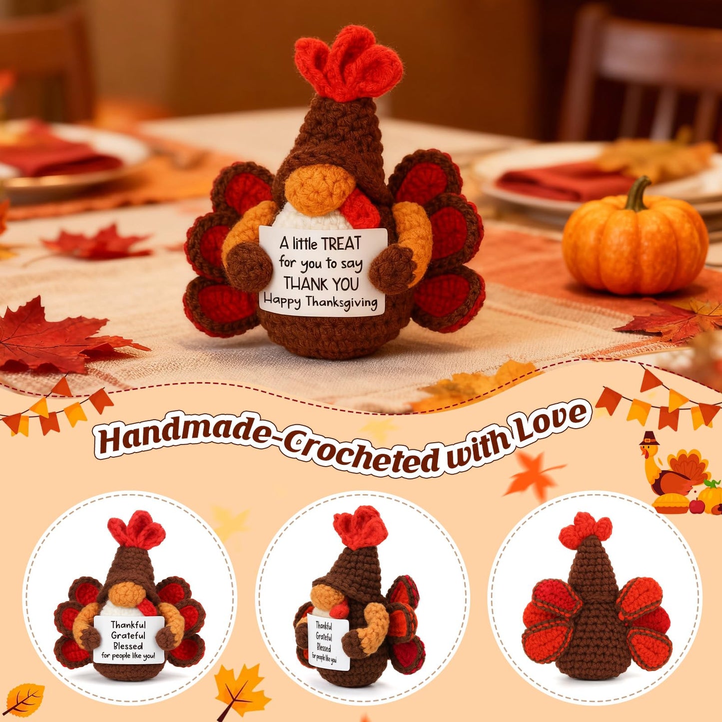 YUEYUQIU Thanksgiving Gifts for Women Men, Thanksgiving Decorations for Home, Handmade Crochet Gnome, Fall Party Decor Presents for Women Family Adults Friend, Thankful Grateful Blessed Hostess Gift