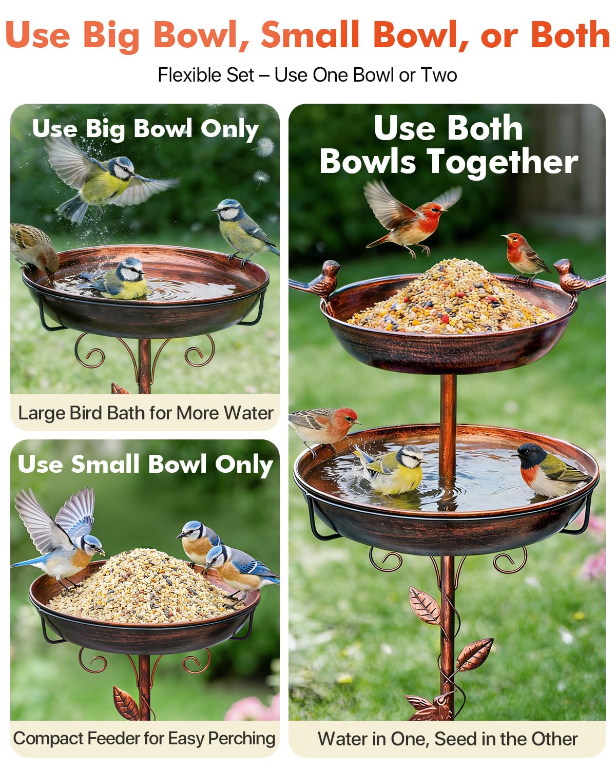 TLEYTOA Metal Bird Bath for Outside - Outdoor Garden Decor Birdbath 2-Tier Water Bowl with Copper Finish Stake Adjustable Height 45'' Tall for Yard