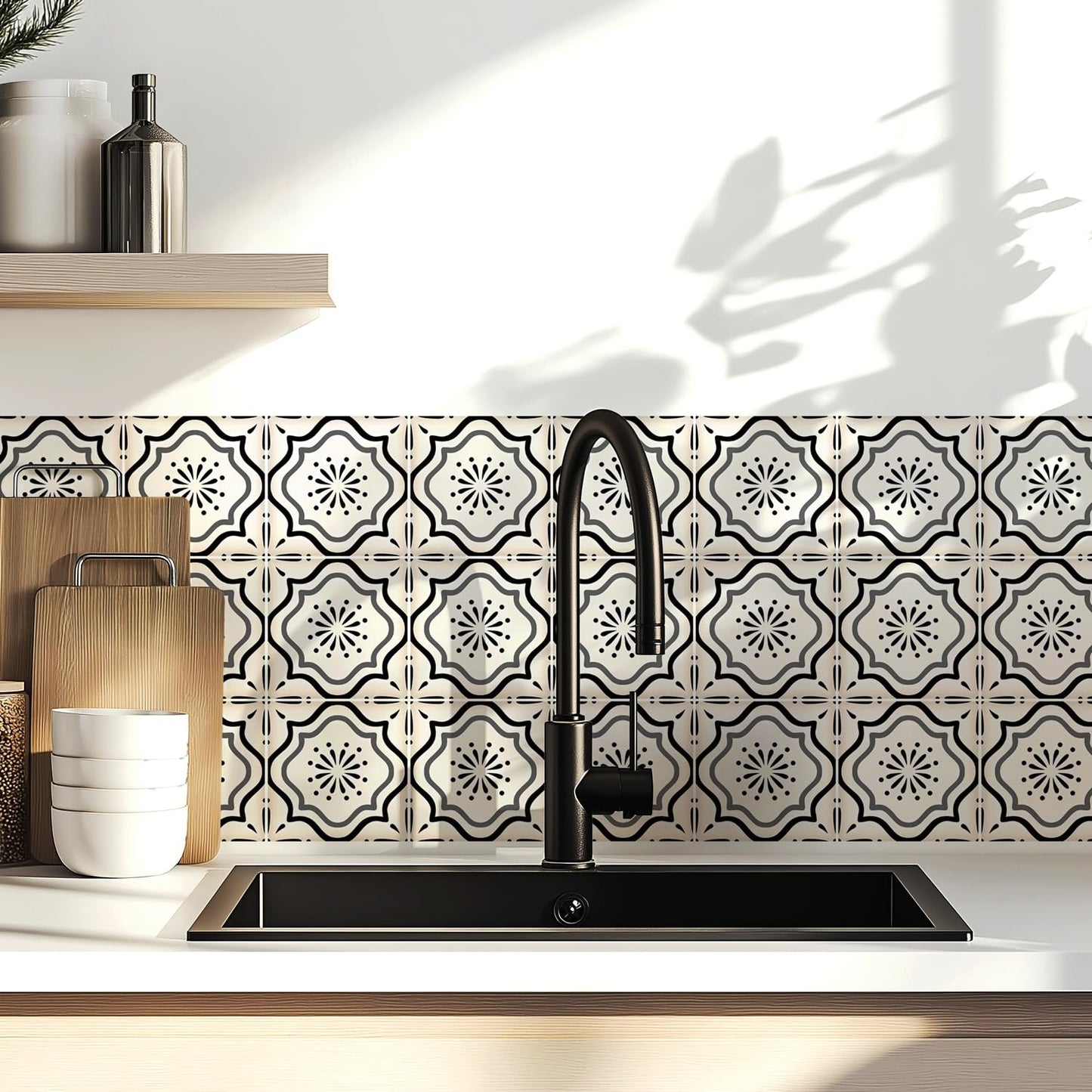 30 Count Moroccan Tile Decals 4 in – Self Adhesive Vinyl Wall Stickers, Waterproof Peel & Stick for Kitchen Backsplash, Bathroom, Stair Tread Accent, Neutral Tan/Black (Black)