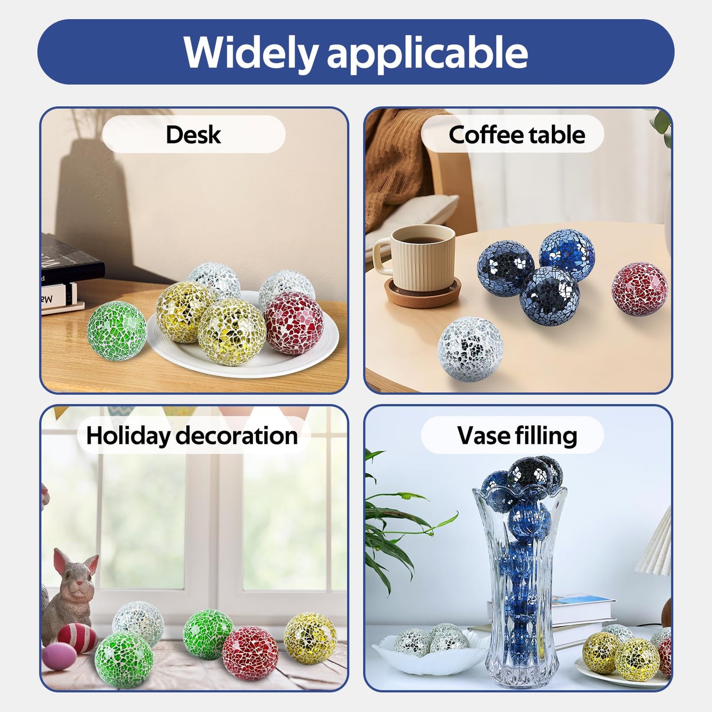 Yazikisa 2.5 Inch Glass Balls Decorative for Bowl Blue 6 PCS Mosaic Crack Orbs Set Solid Round Sphere Globe Vases Filler Coffee Table Holiday Ornaments Mantle Decor Modern