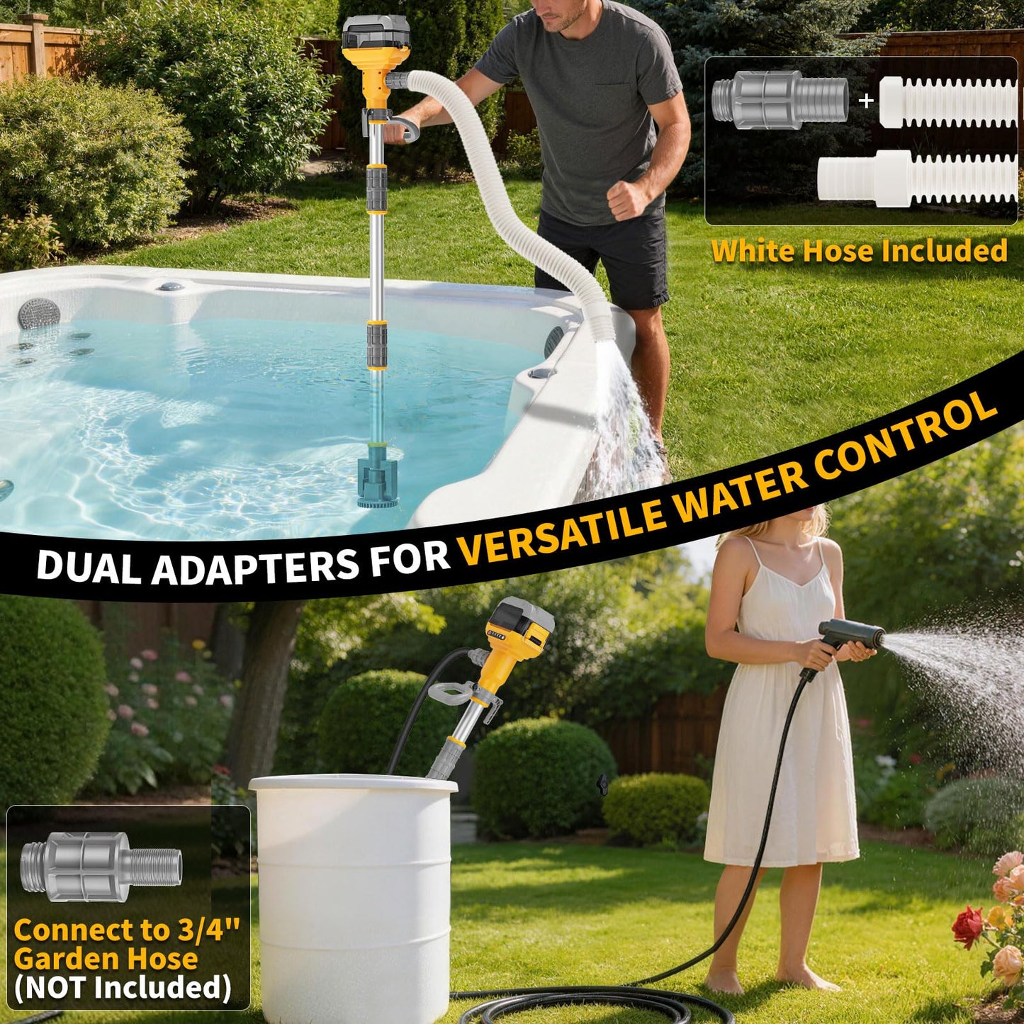 Stick Water Transfer Pump Compatible For Dewalt 20V Battery(NO Battery), Cordless 800GPH Stick Water Transfer Pump With 37-INCH Hose & Detachable Rod For Pool Pond Garden Fountain Boat Livestock Tanks