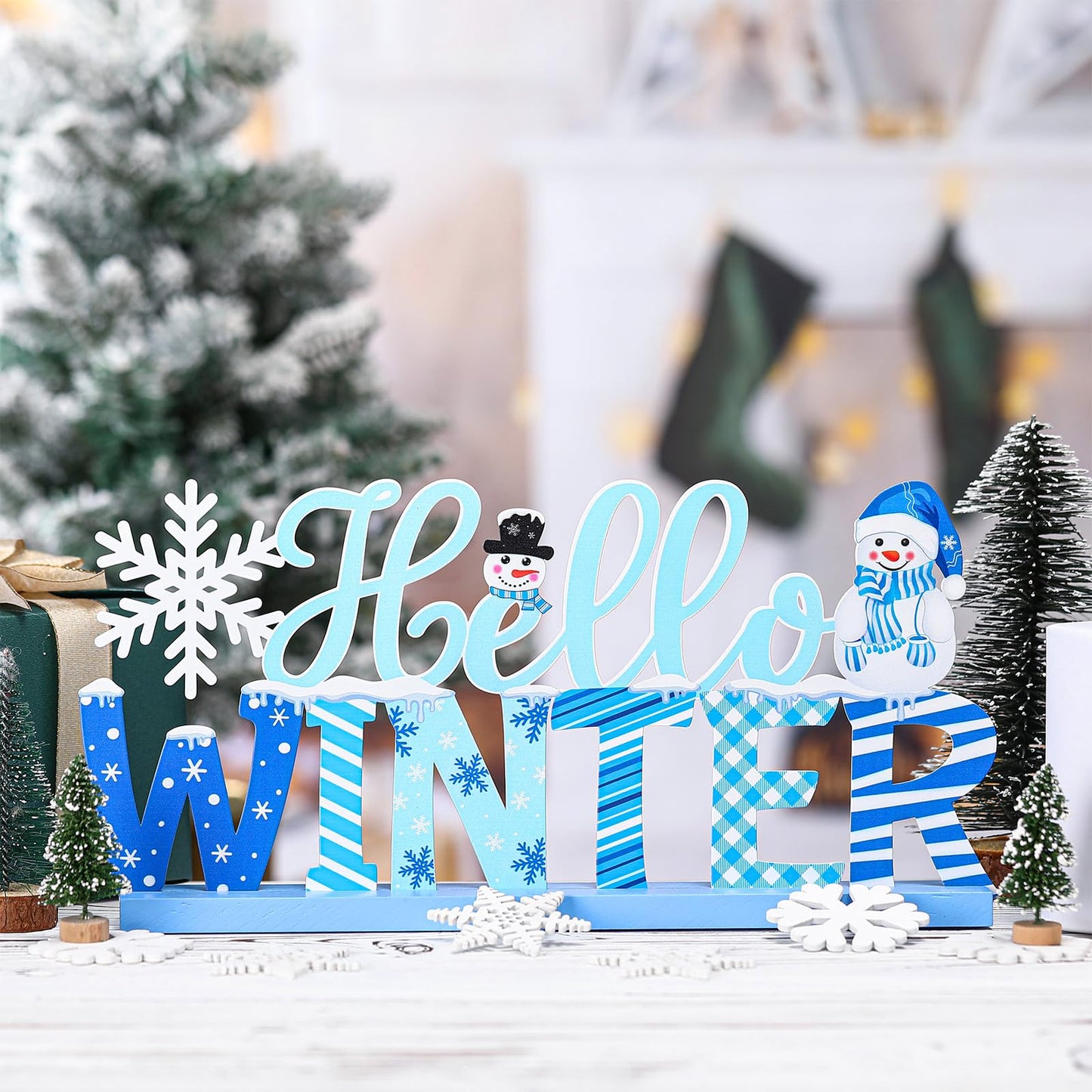 MiniInflat Hello Winter Table Decor Winter Metal Table Sign Christmas Blue Snowman Snowflake Decor with Wood Base for Wonderland Decorations Xmas Home Tiered Tray Mantel Tabletop Centerpiece
