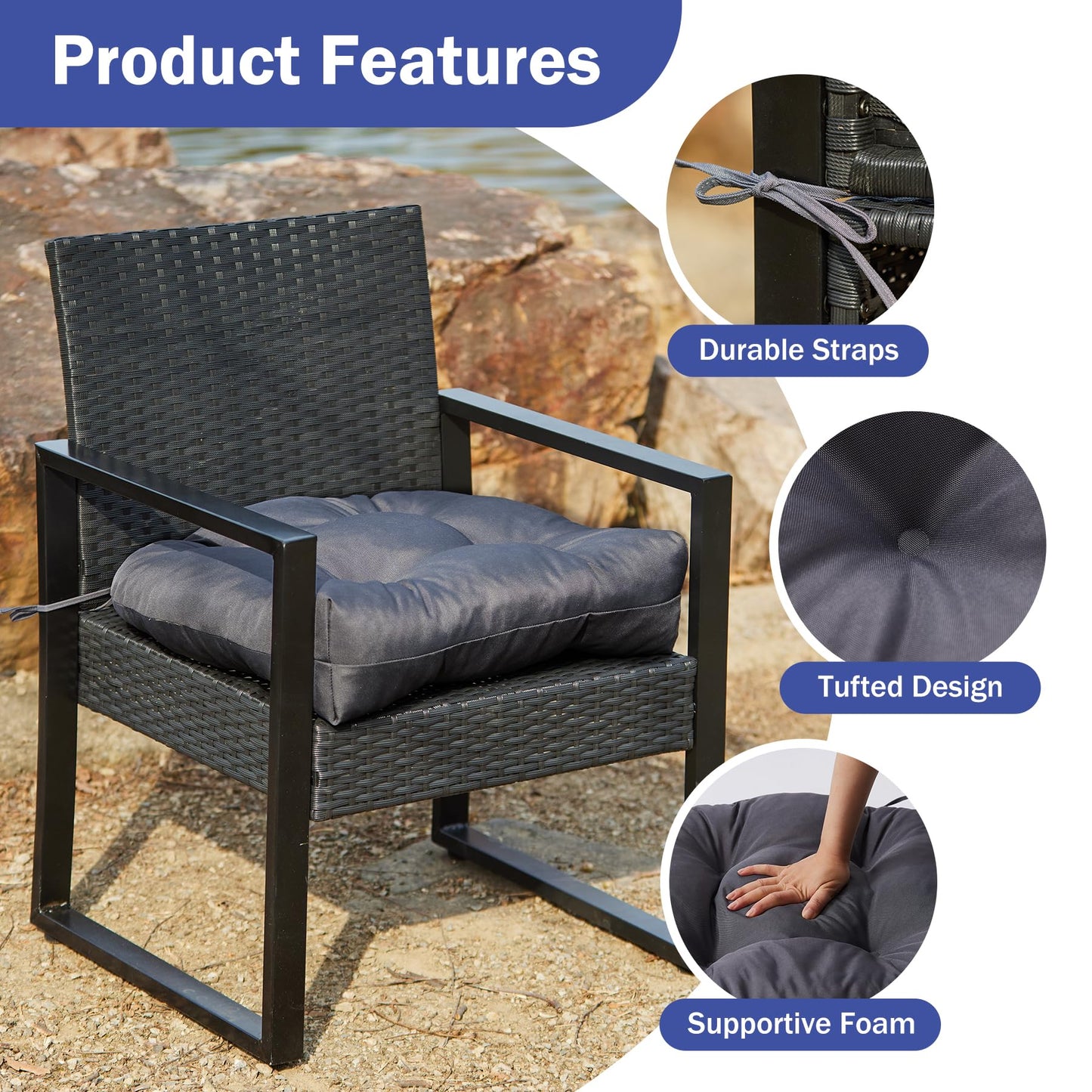 IPYNBAP Outdoor Chair Cushions Set of 2, Patio Chair Cushions with Ties,19x19+5” Tufted Outdoor Seat Cushions, Waterproof Patio Furniture Cushions, Outdoor Dining Chair Pads, Dark Grey