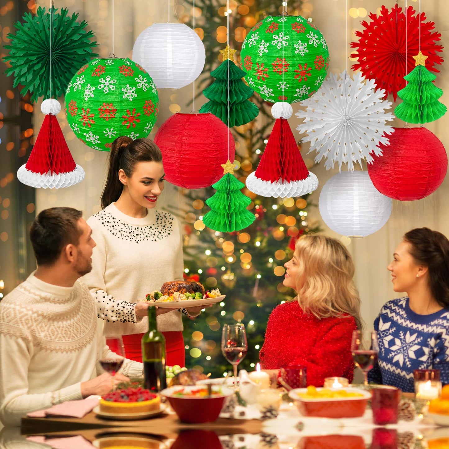 14PCS Christmas Honeycomb Hanging Paper Lantern Decorations Set, Pine Tree Star Christmas Hat Red Green White Snowflake Lanterns Paper Fans for Christmas Party Home Decoration Supplies